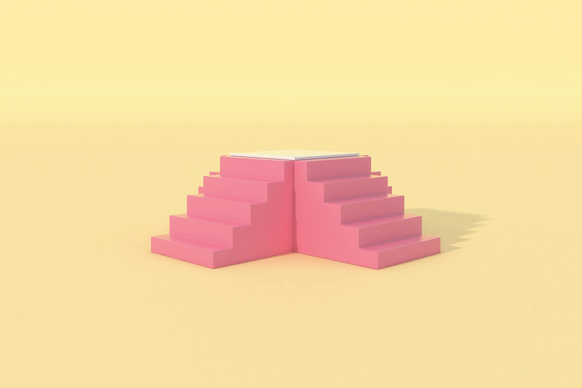 A 3D rendering of four sets of stairs that all meet to form a platform. This image is being used on a blog that describes the steps involved in building brand equity. 