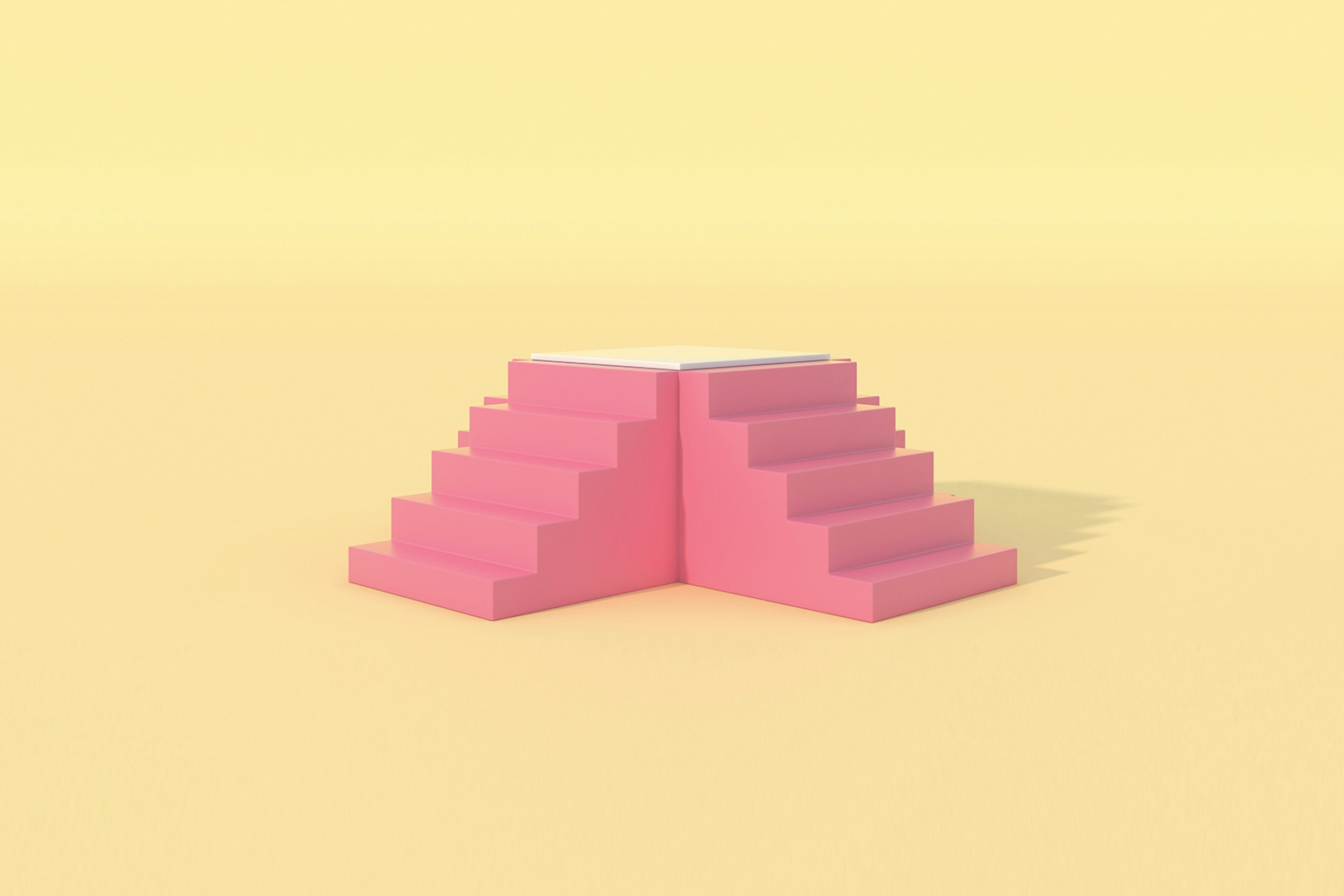 Deux blocs de marches d'escalier en 3D roses, sur fond jaune