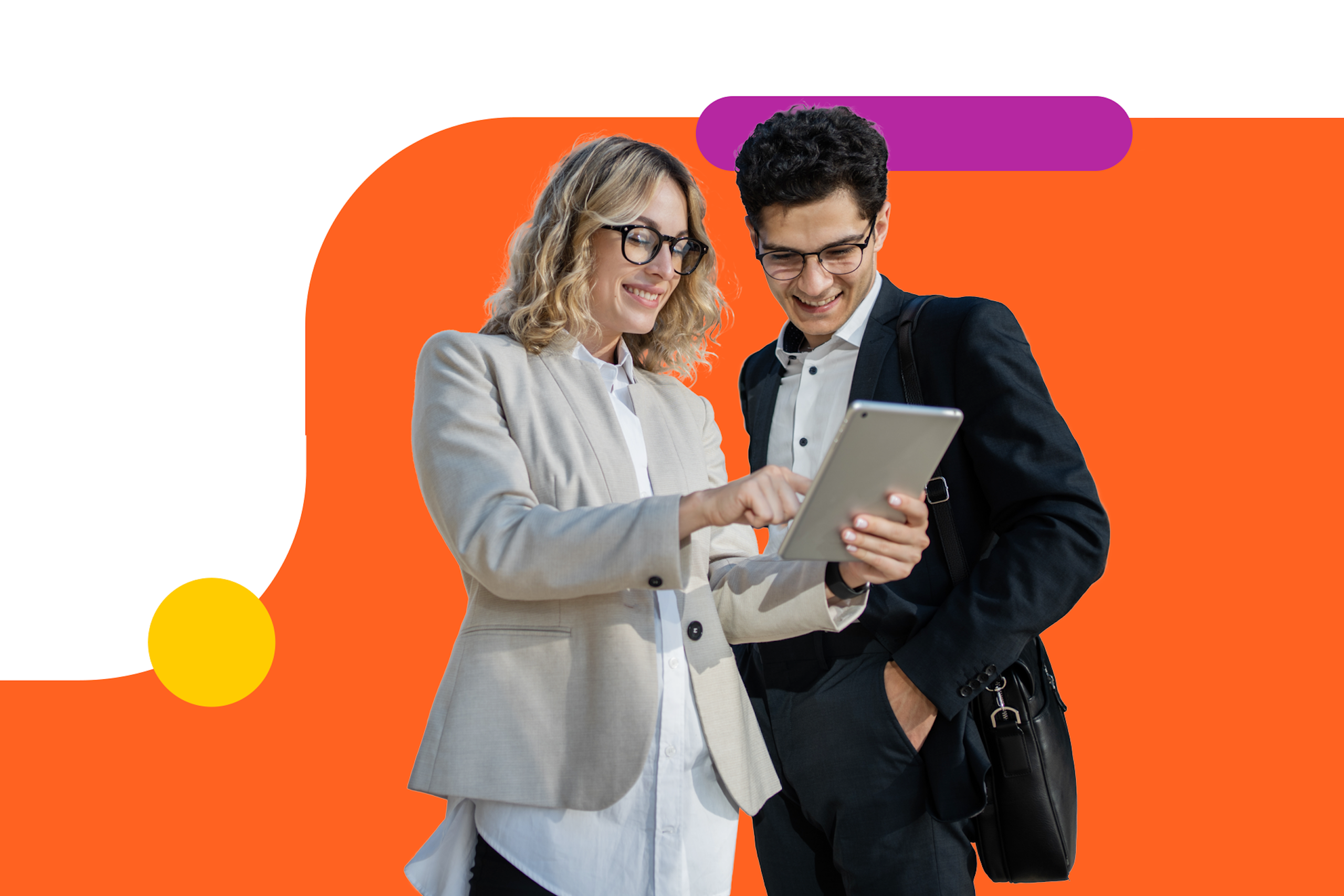 Two coworkers looking at a social media report and smiling. Ultimate Guide to Social Reporting
