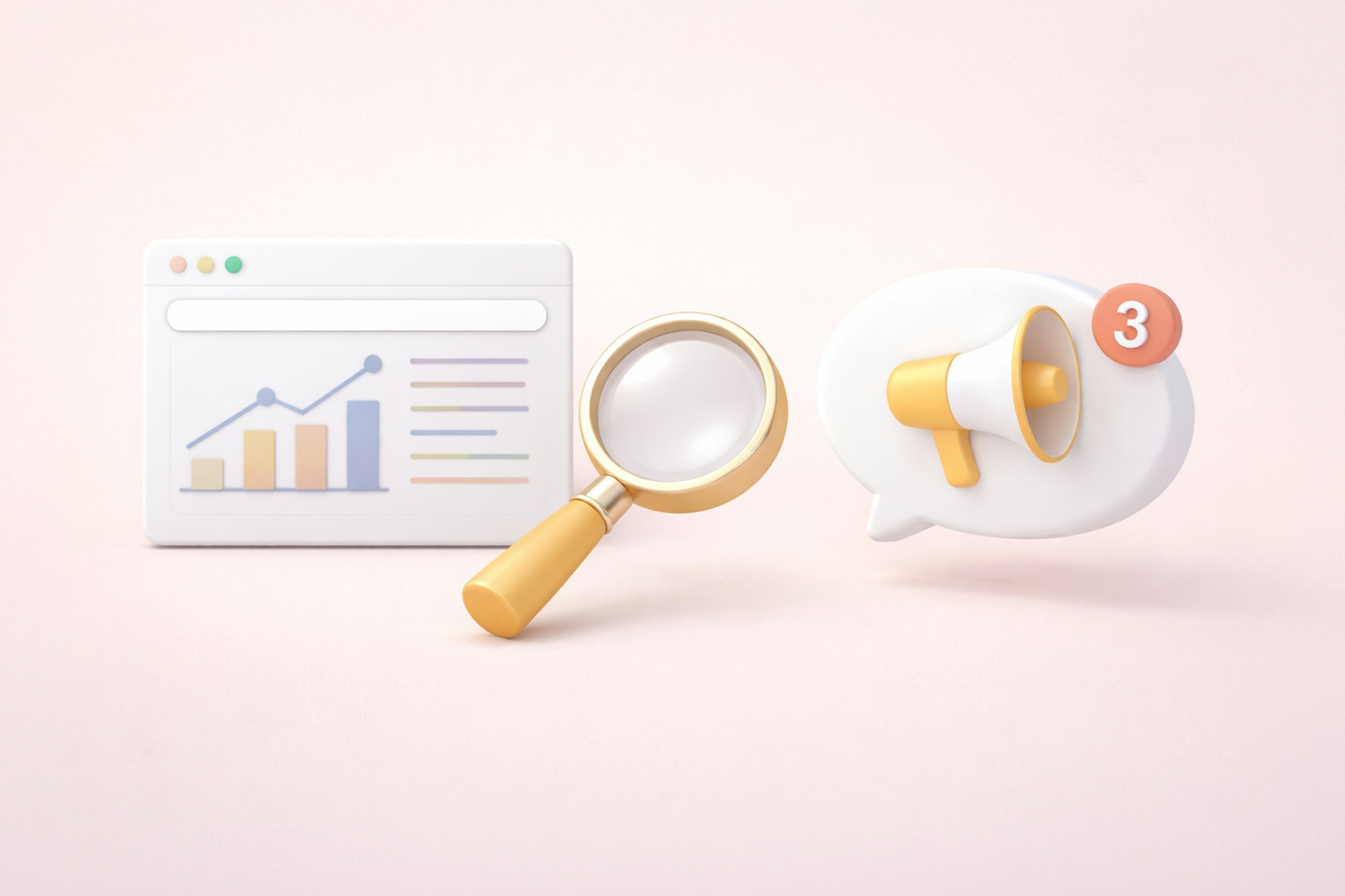 An image of a computer screen with a bar graph, text and search bar next to a yellow magnifying glass. There is also a large speech bubble with a megaphone and a notification badge