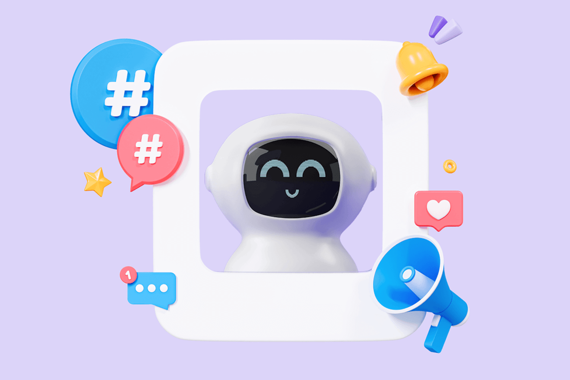 A robot featured on a screen, surrounded by PR related symbols such as a loudhailer, social media emojis and hashtags.