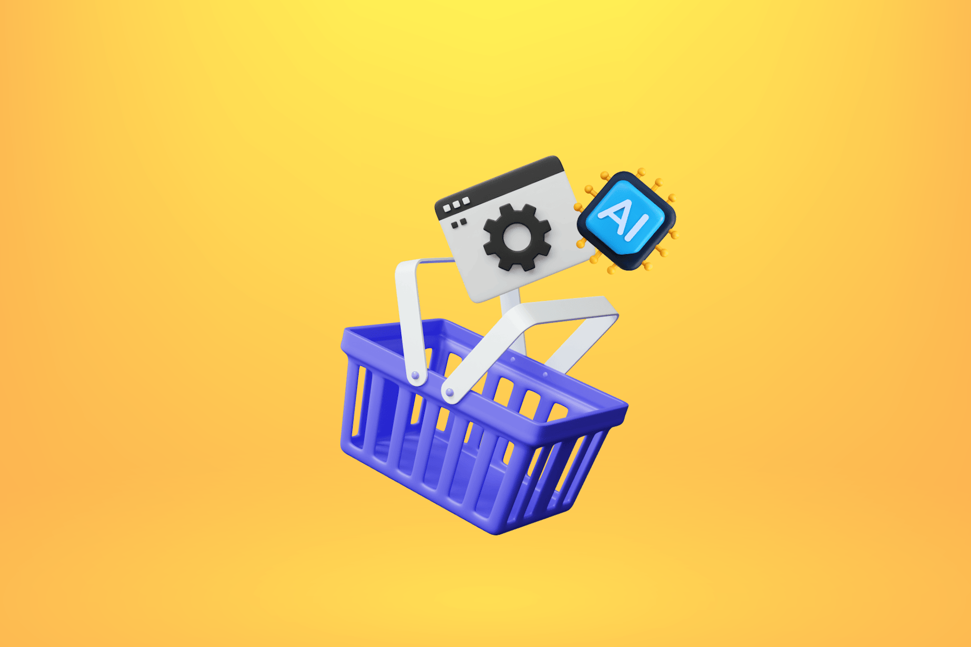 Image of a purple shopping cart with floating gear and AI symbols on a bright yellow background. Blog post image for optimizing AI visibility for Retail