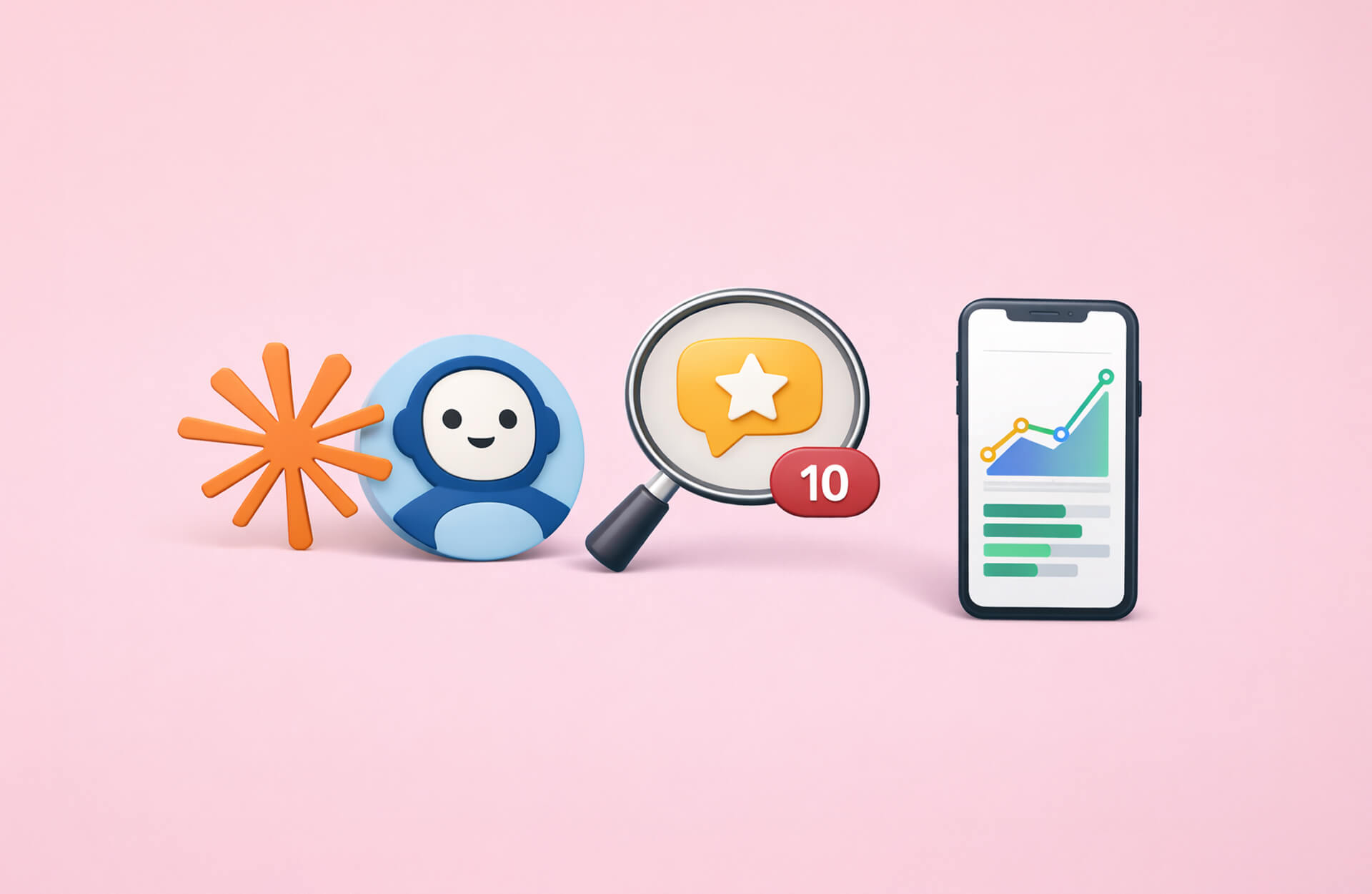An image with the Claude AI logo next to a magnifying glass hovering over a gold star with a red notification badge showing the number 10. There is a smart phone showing a graph and trend lines. Tracking brand mentions in Claude blog post.