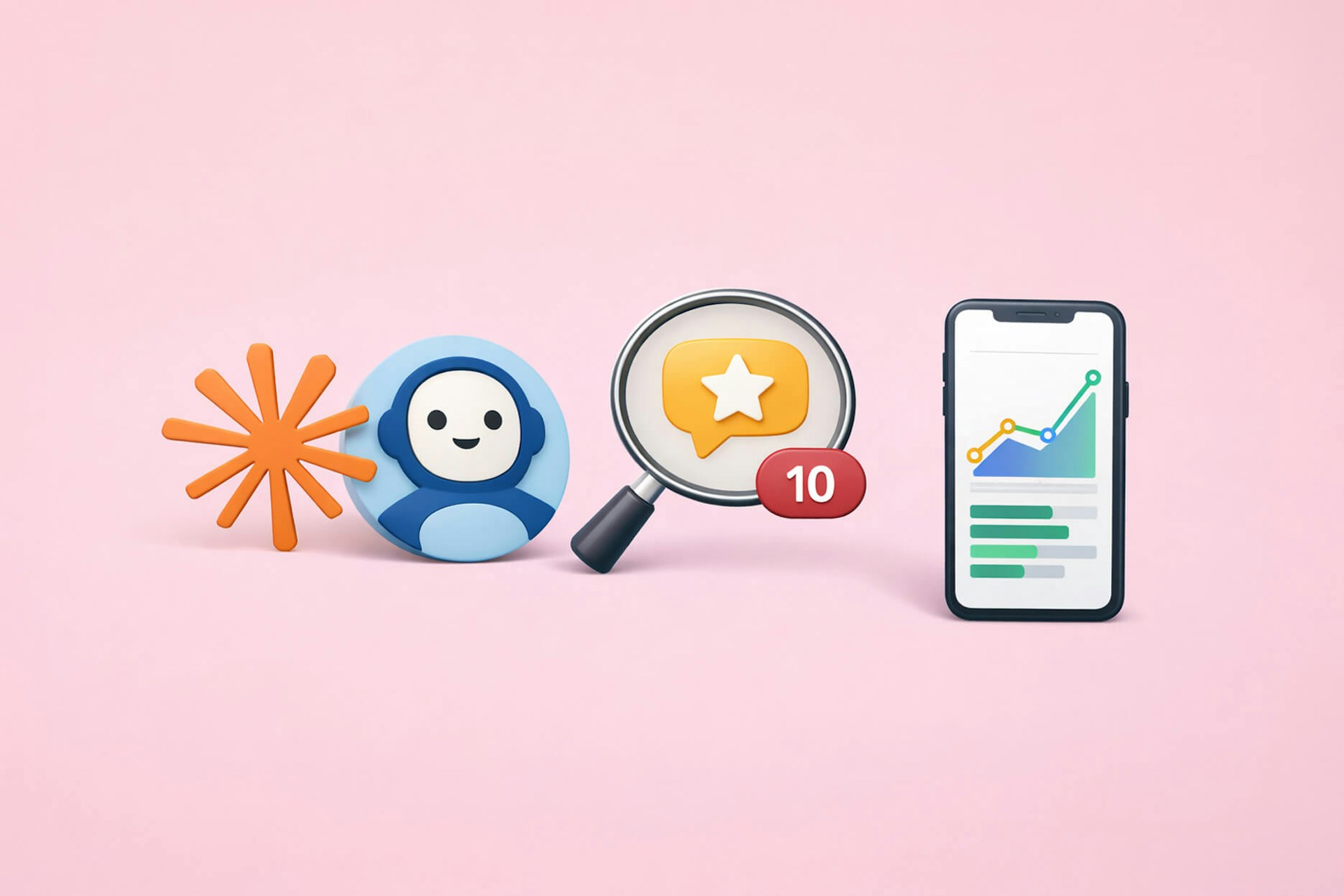 An image with the Claude AI logo next to a magnifying glass hovering over a gold star with a red notification badge showing the number 10. There is a smart phone showing a graph and trend lines. Tracking brand mentions in Claude blog post.
