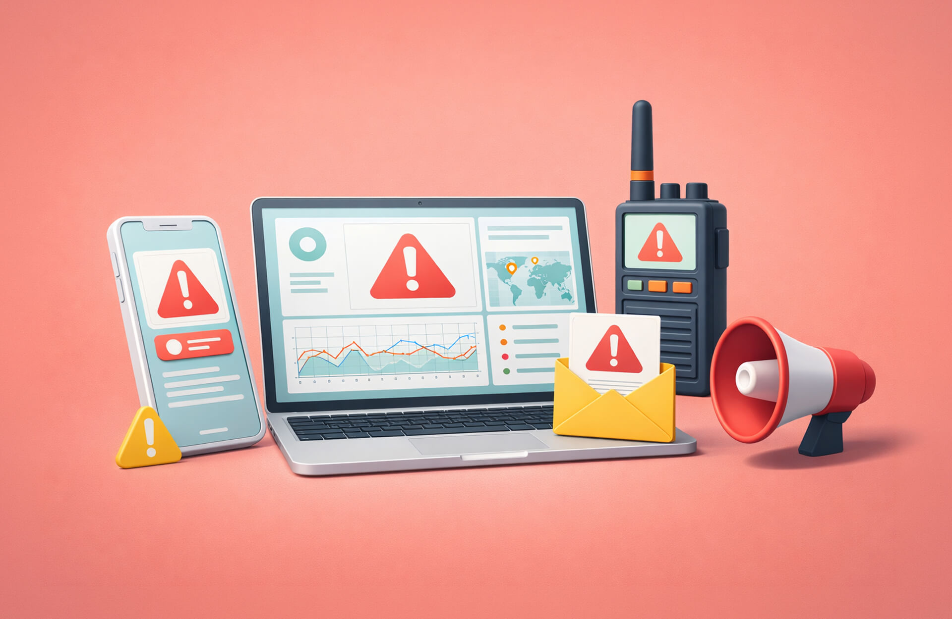 An image showing several red caution symbols, one on a phone, one on a computer screen, one in a yellow envelope, and one on a walkie-talkie. There is also a red megaphone next to the laptop. Blog post image for crisis communication tools.