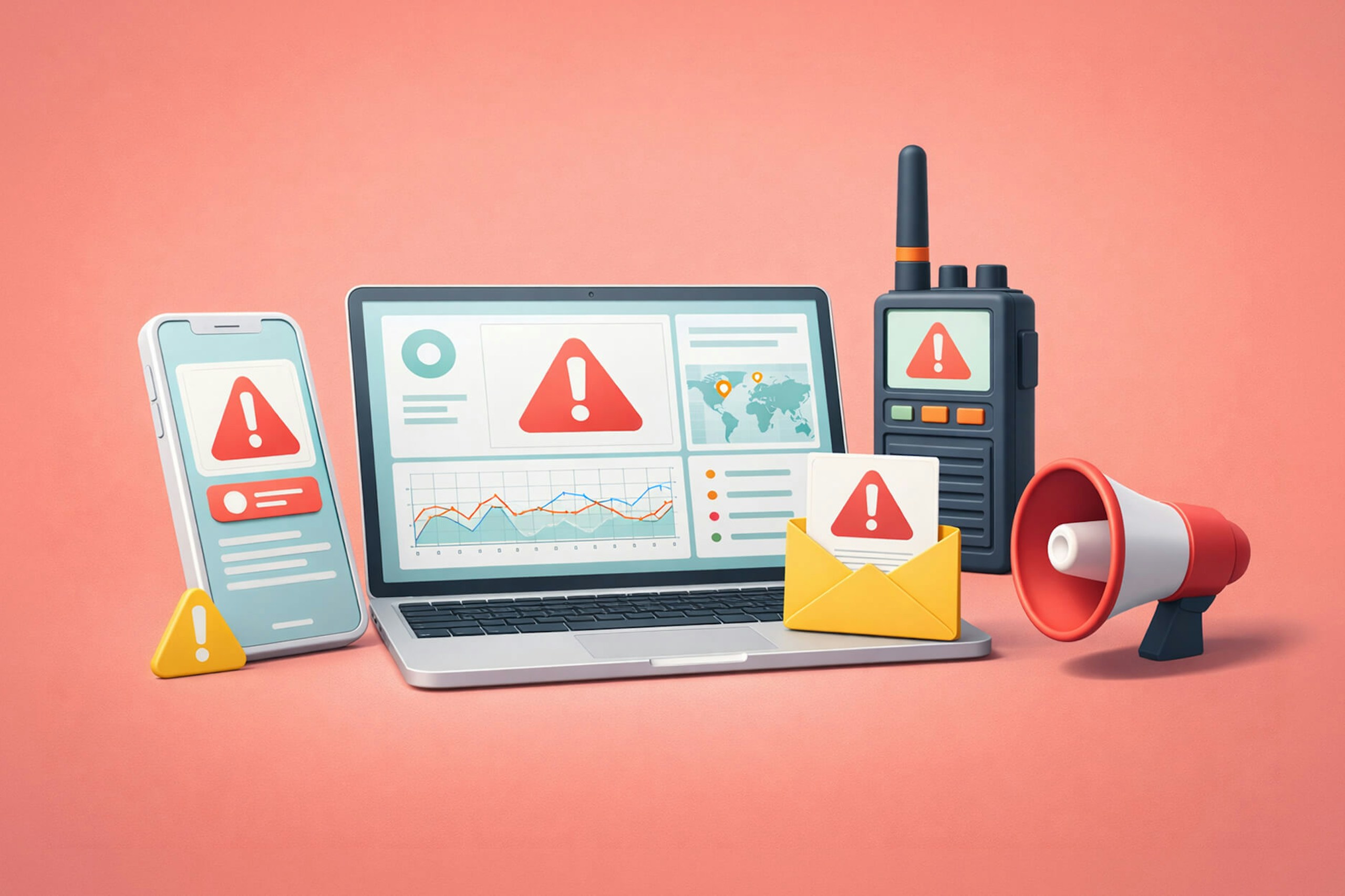 Ein Bild mit mehreren roten Warnsymbolen: eines auf einem Handy, eines auf einem Computerbildschirm, eines in einem gelben Umschlag und eines auf einem Walkie-Talkie. Daneben steht ein rotes Megafon neben dem Laptop. Blog-Post-Bild zum Thema Krisenkommunikationstools.