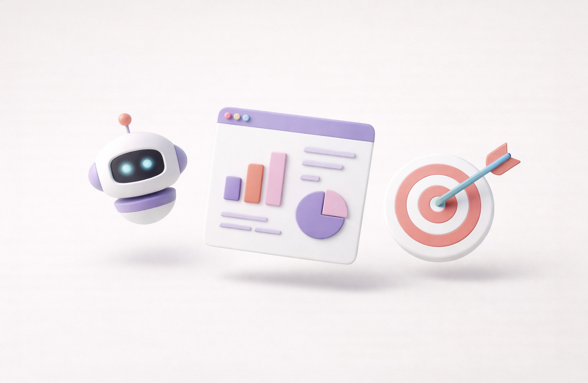 An AI bot, some marketing analytics charts, and an arrow hitting a bullseye
