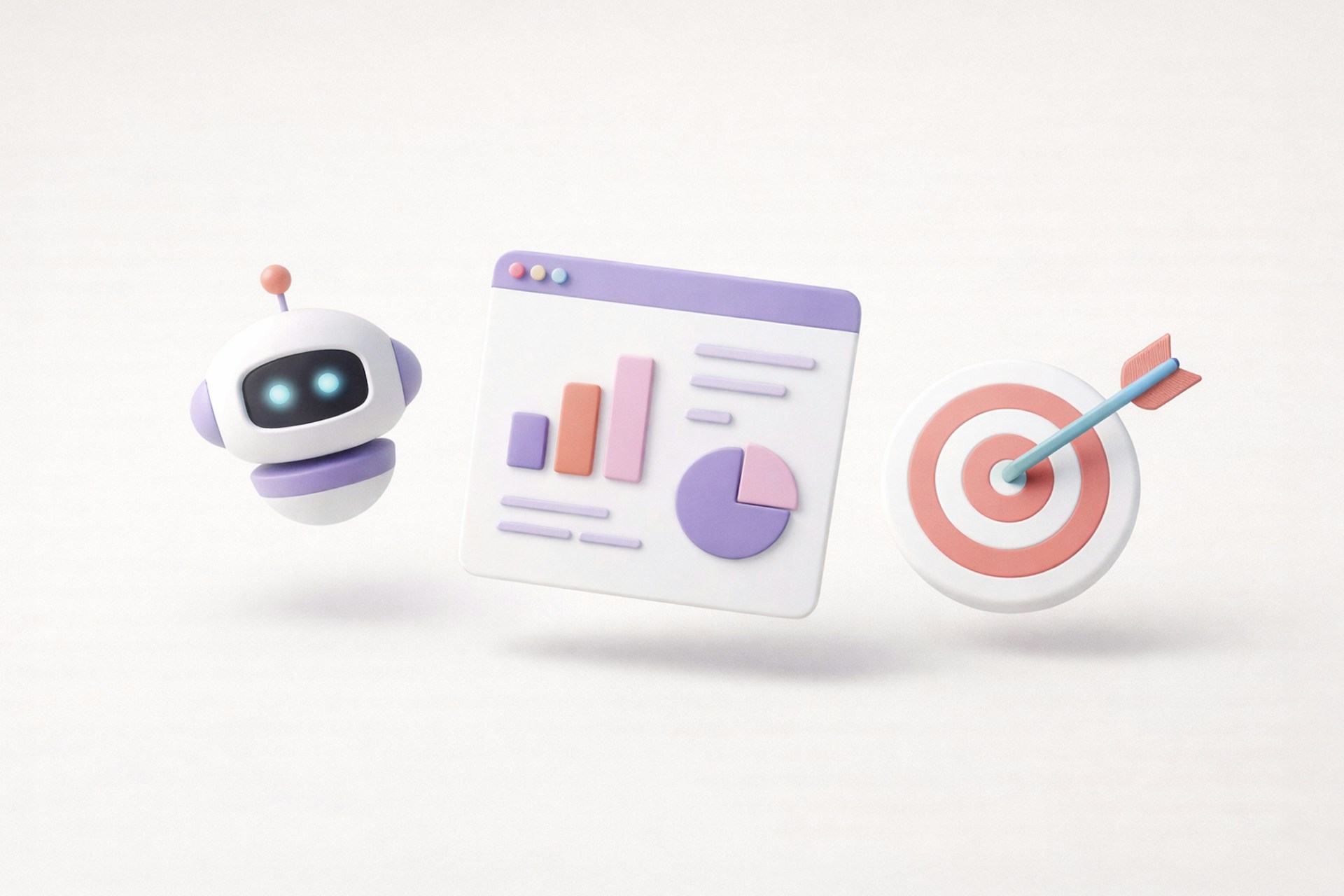An AI bot, some marketing analytics charts, and an arrow hitting a bullseye