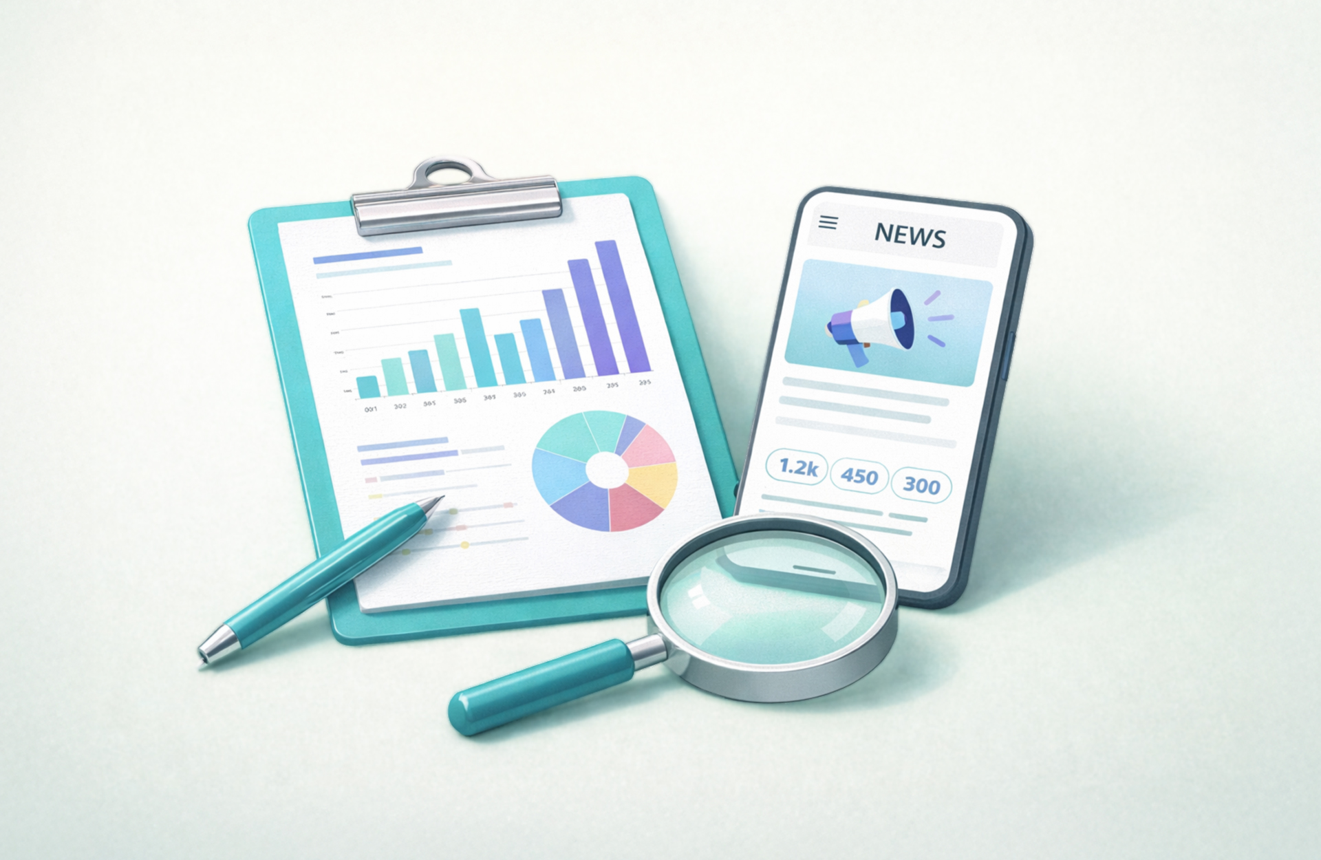 A media monitoring dashboard displayed on a smartphone, alongside some marketing charts on a clip-board. 