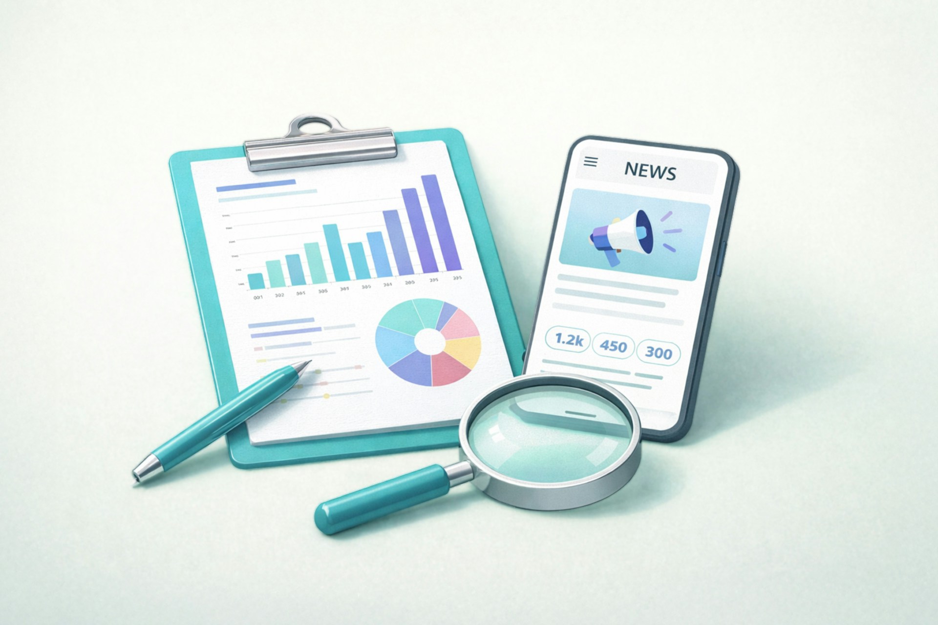 A media monitoring dashboard displayed on a smartphone, alongside some marketing charts on a clip-board.
