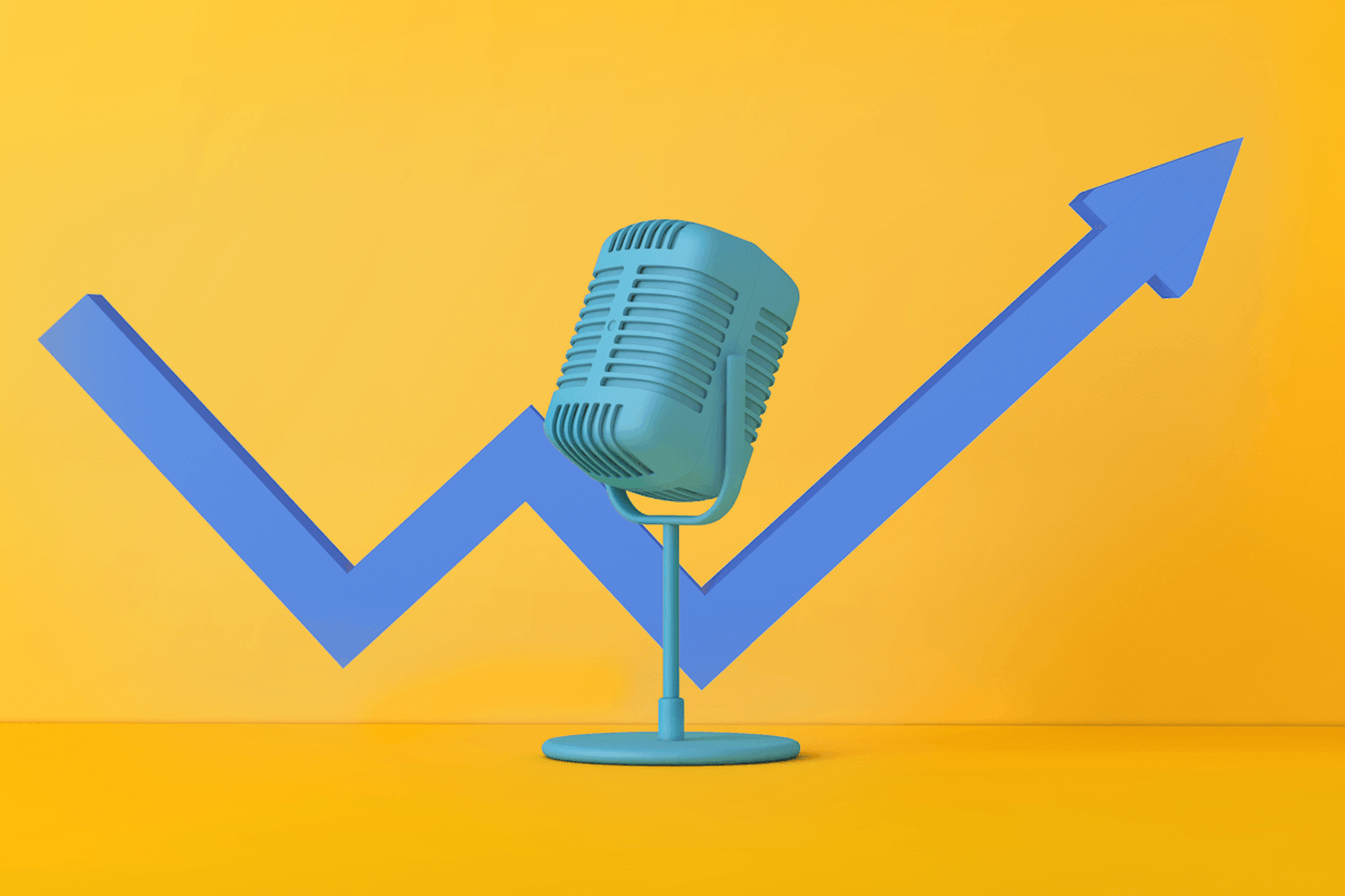 Illustration of an old fashioned microphone in front of a blue arrow going up and to the right. Best marketing podcasts blog post