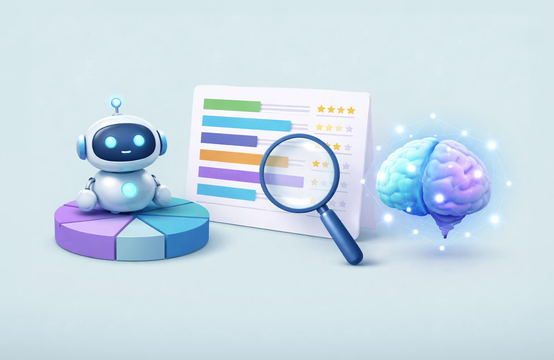 An image showing an AI robot sitting on top of a 3D pie graph, next to a bar chart with a magnifying glass hovering over star ratings. There is also a glowing brain with sparkles next to the chart. Image for competitor benchmarking blog post and guide