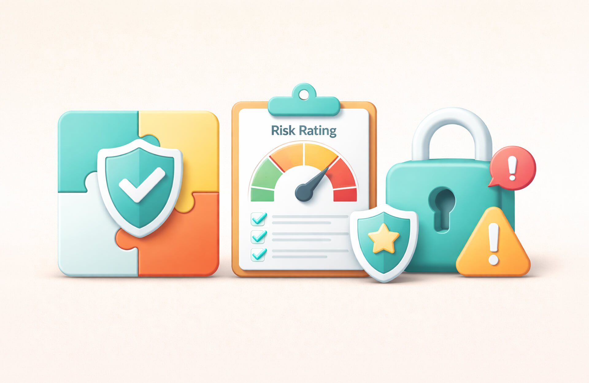 An image showing a four piece puzzle with a shield icon on top with a white checkmark. The puzzle is next to a clipboard with a checklist and a risk rating with green, yellow, and red, with a needle hovering between yellow and red. There is also a lock with risk symbols like a red notification badge and an exclamation point and a yellow yield triangle with an exclamation point. Blog post image for Brand Risk Management.