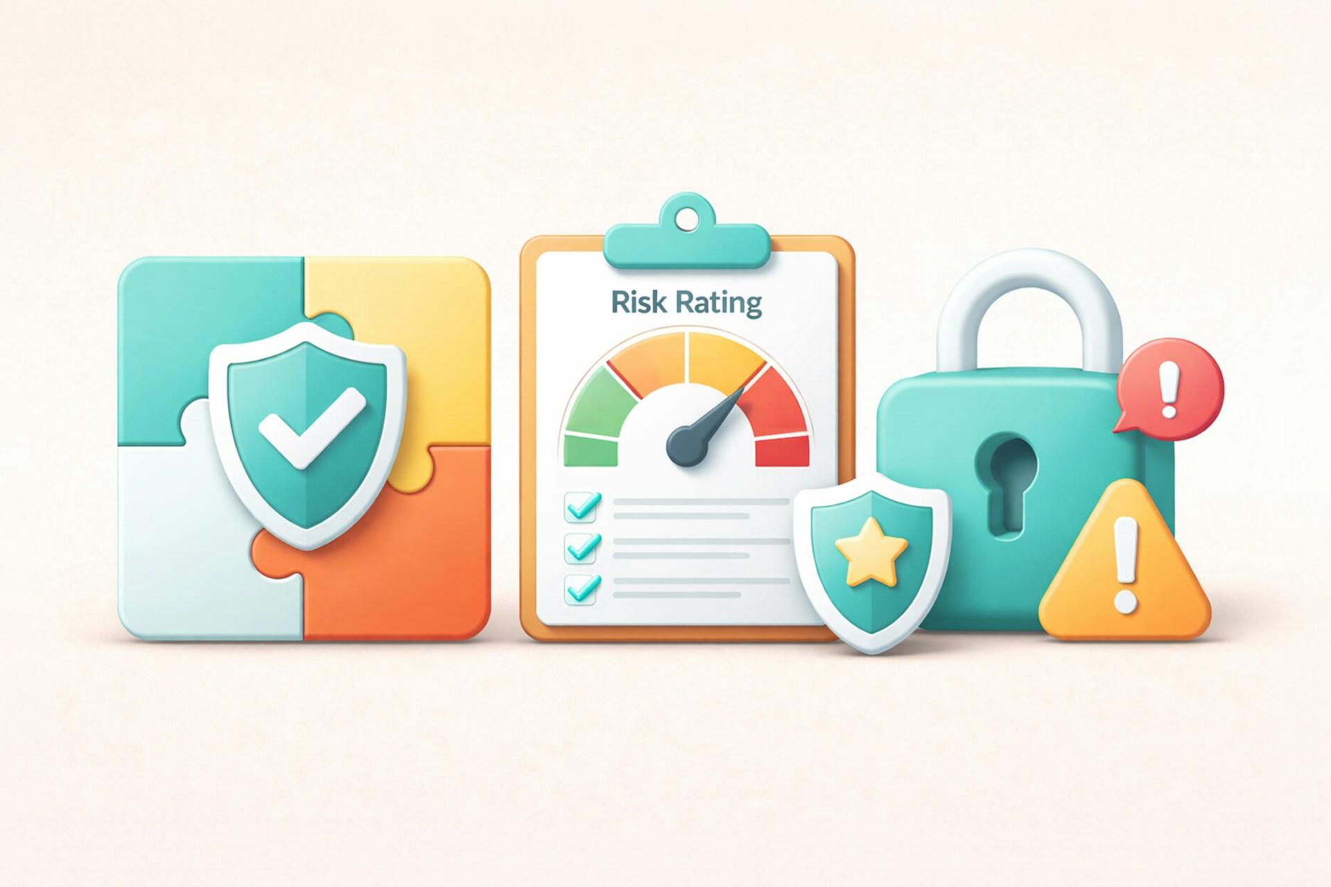 An image showing a four piece puzzle with a shield icon on top with a white checkmark. The puzzle is next to a clipboard with a checklist and a risk rating with green, yellow, and red, with a needle hovering between yellow and red. There is also a lock with risk symbols like a red notification badge and an exclamation point and a yellow yield triangle with an exclamation point. Blog post image for Brand Risk Management.