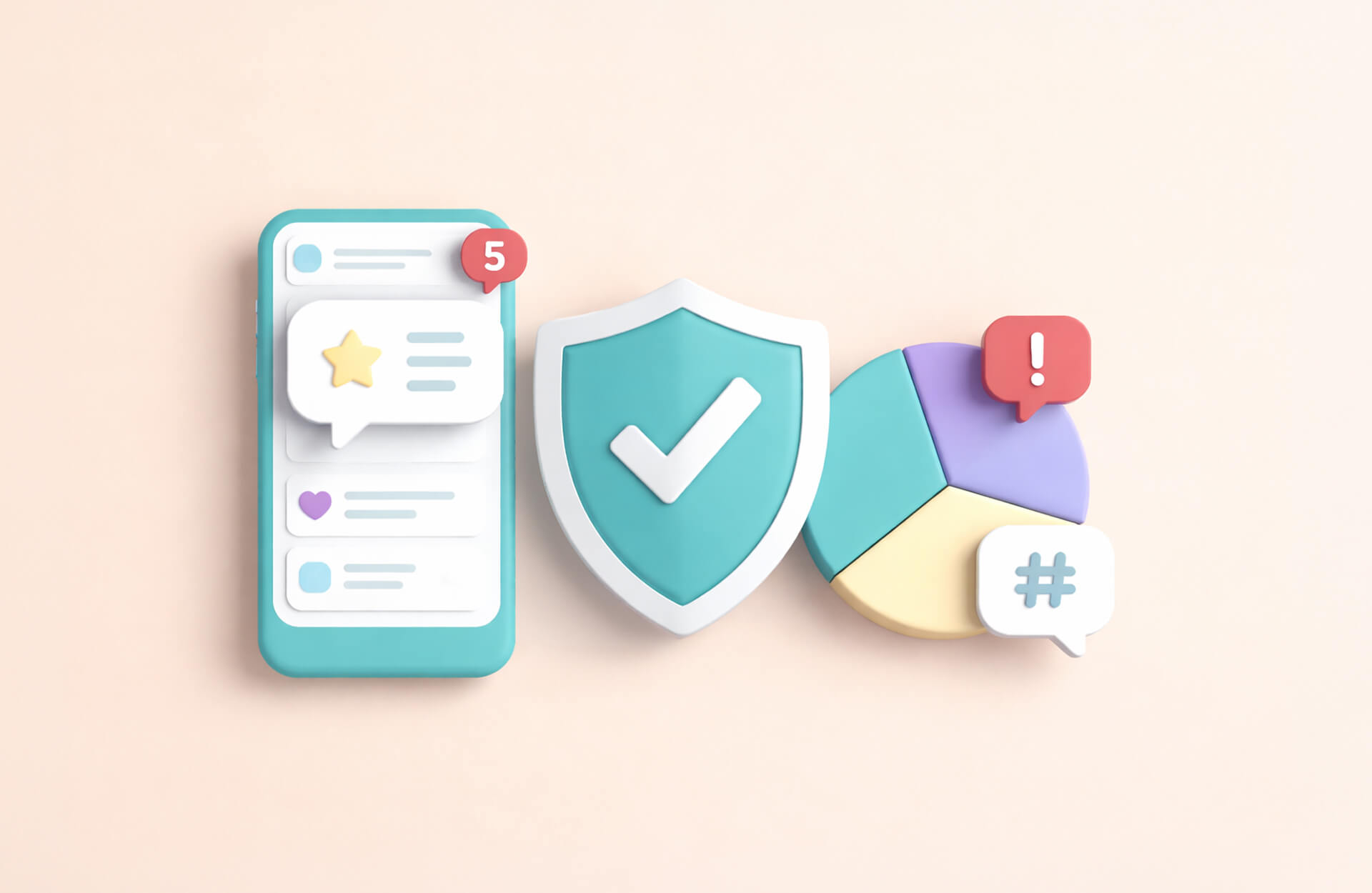 Image showing a smartphone screen with a message and red notification badge next to a green badge with a white checkmark. There is also a piechart next to the badge with a red alert signal and a hashtag. Blog post image for social media reputation management