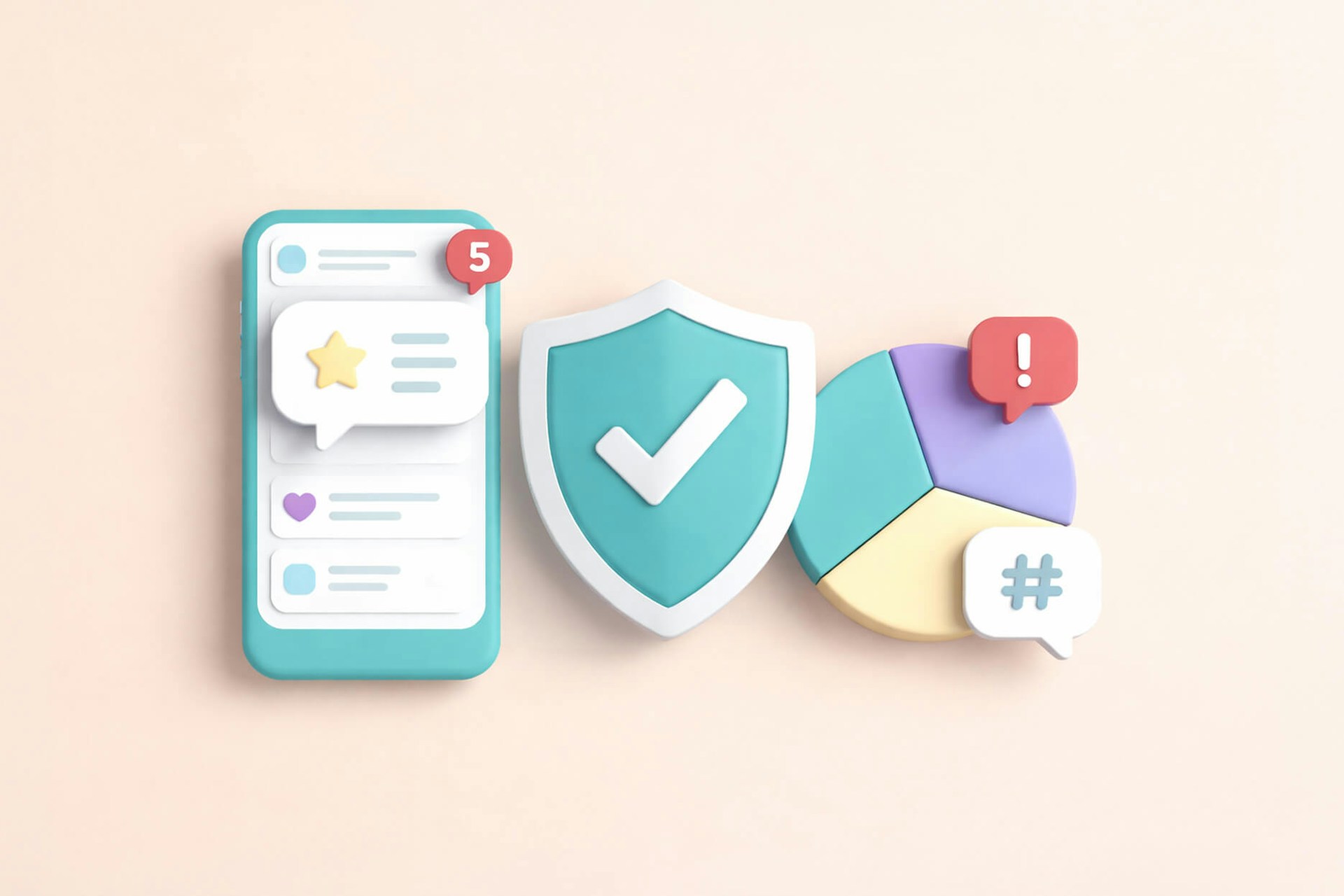 Image showing a smartphone screen with a message and red notification badge next to a green badge with a white checkmark. There is also a piechart next to the badge with a red alert signal and a hashtag. Blog post image for social media reputation management