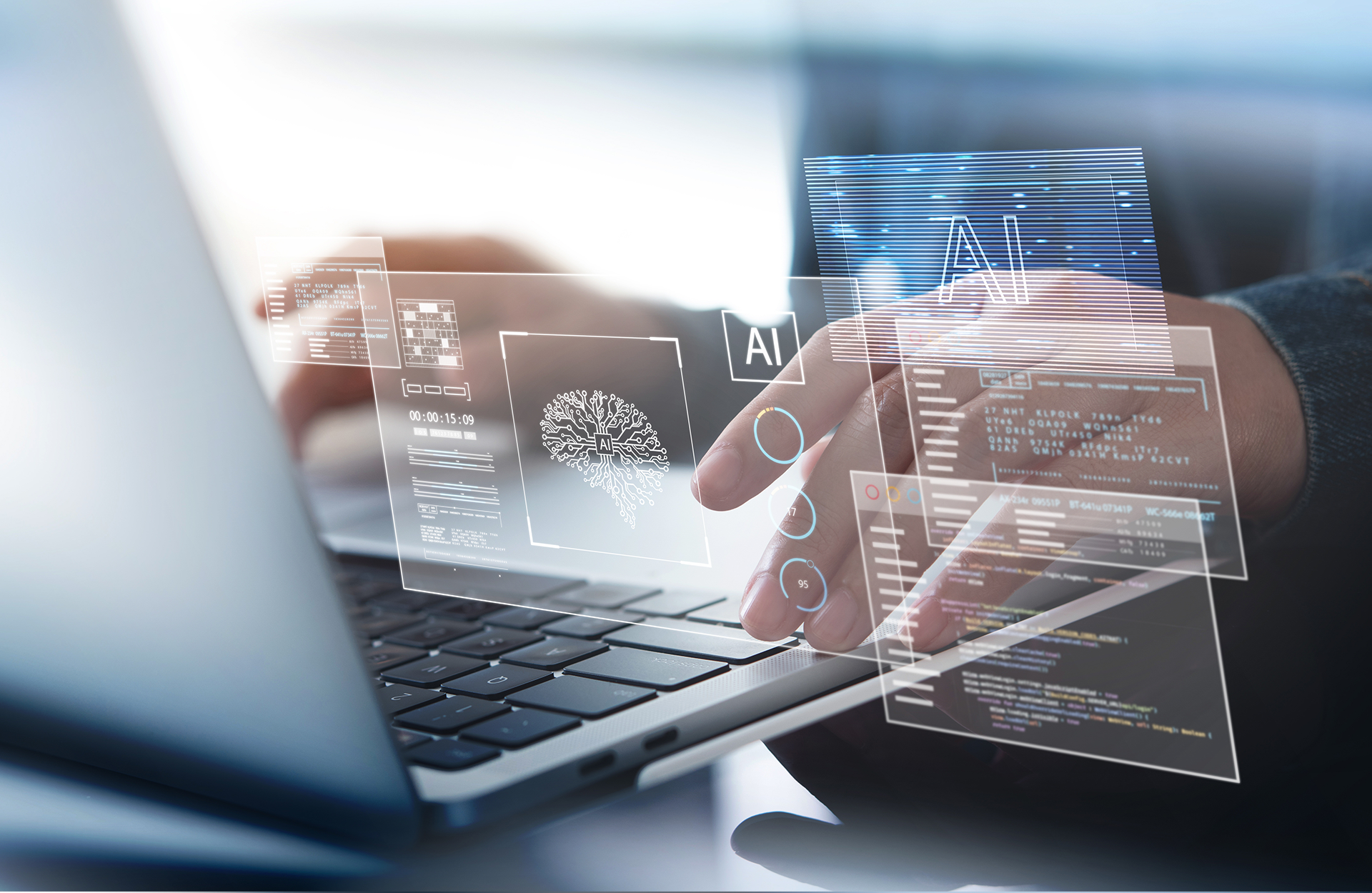 Hands typing on a keyboard, with translucent AI related imagery.