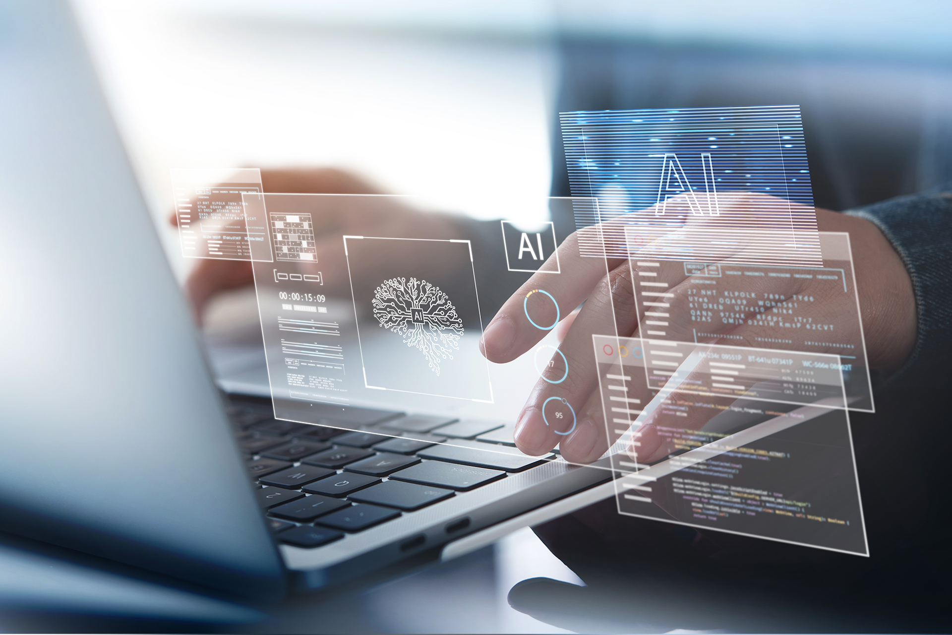 Hands typing on a keyboard, with translucent AI related imagery.