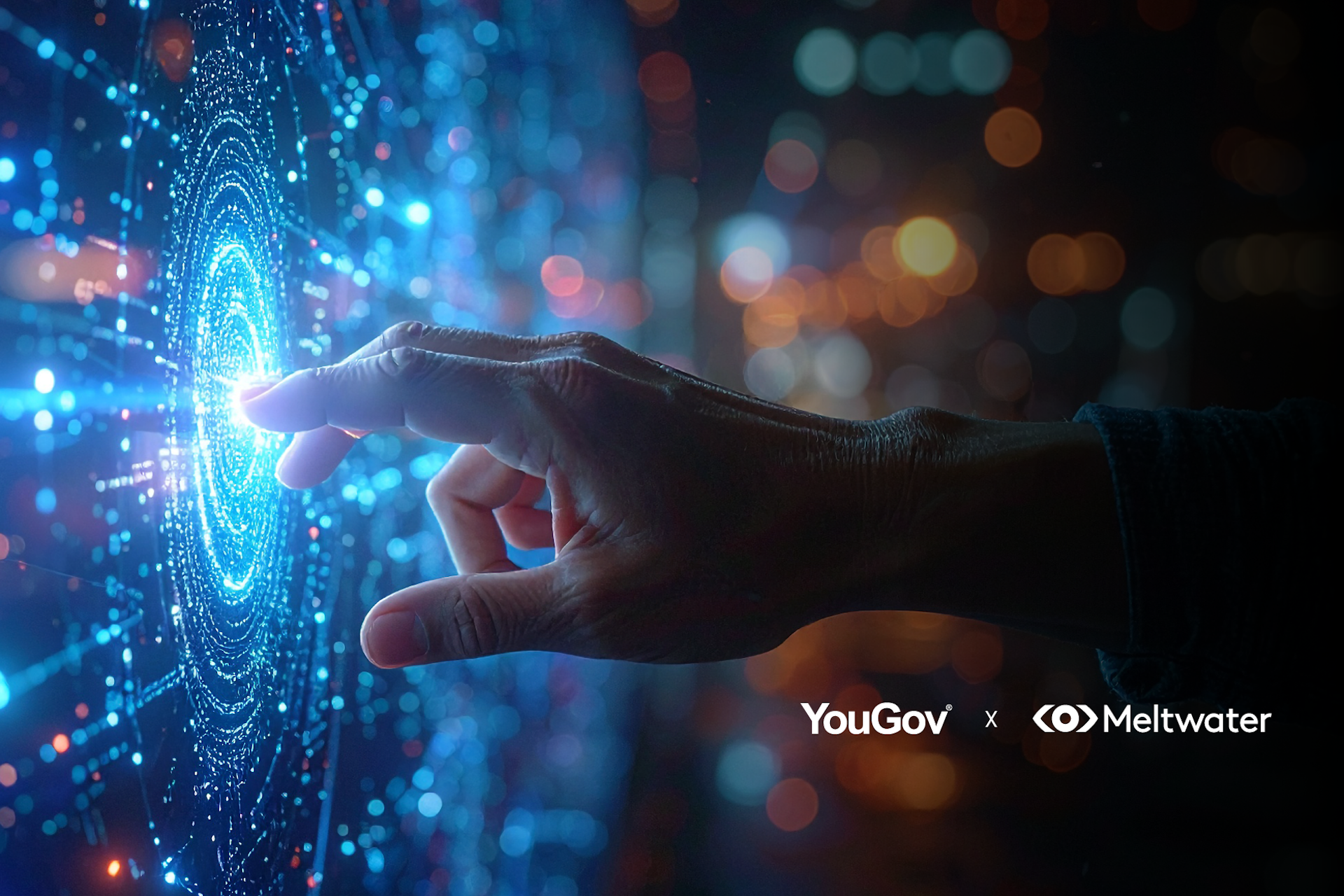 Close-up of a hand touching a glowing, futuristic digital interface with blue data patterns, set against a blurred city lights background, with YouGov and Meltwater logos displayed.