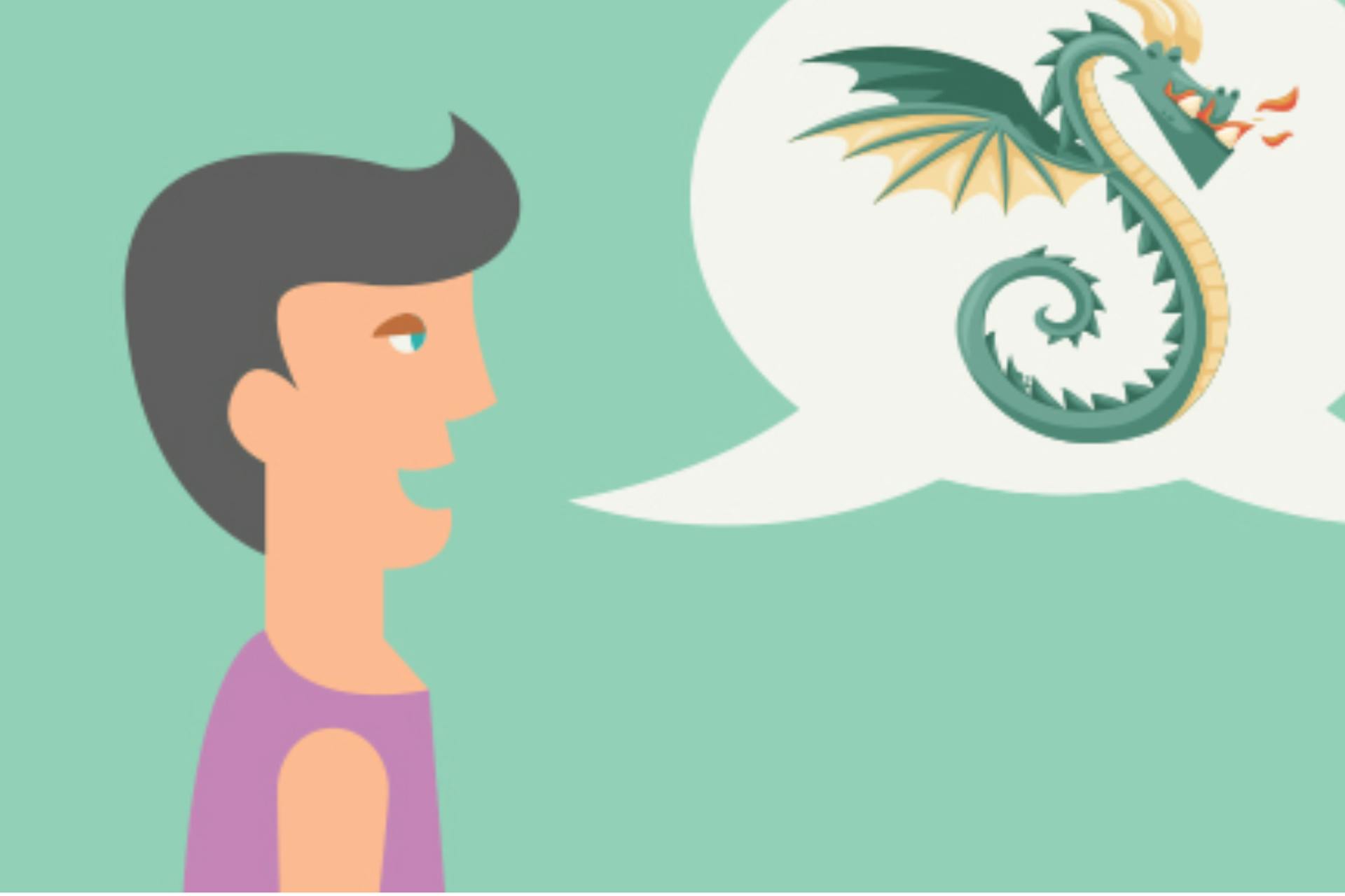 Boy talking and a speech bubble with a dragon in it.