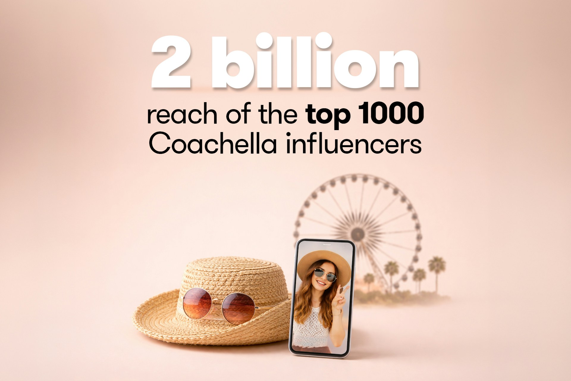 Minimalist Meltwater visual emphasizing “2 billion reach of the top 1000 Coachella influencers.” A straw sunhat with round sunglasses rests beside a smartphone displaying a cheerful woman in festival attire, with a blurred ferris wheel in the background, reinforcing a warm, summery Coachella aesthetic.