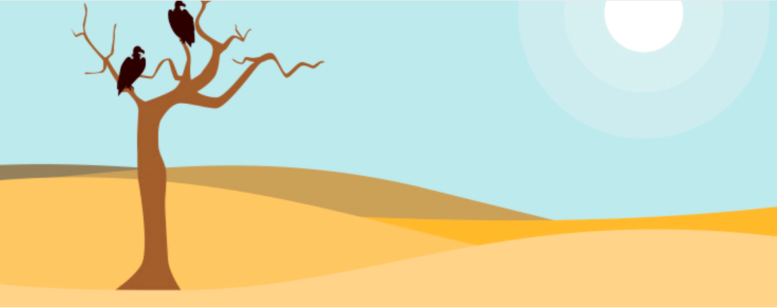 Desert dunes with a white, hot sun.