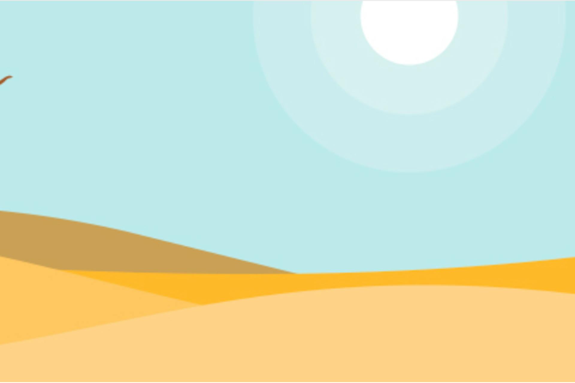 Woestijnduinen met een strakblauwe hemel waar de zon in afgebeeld is