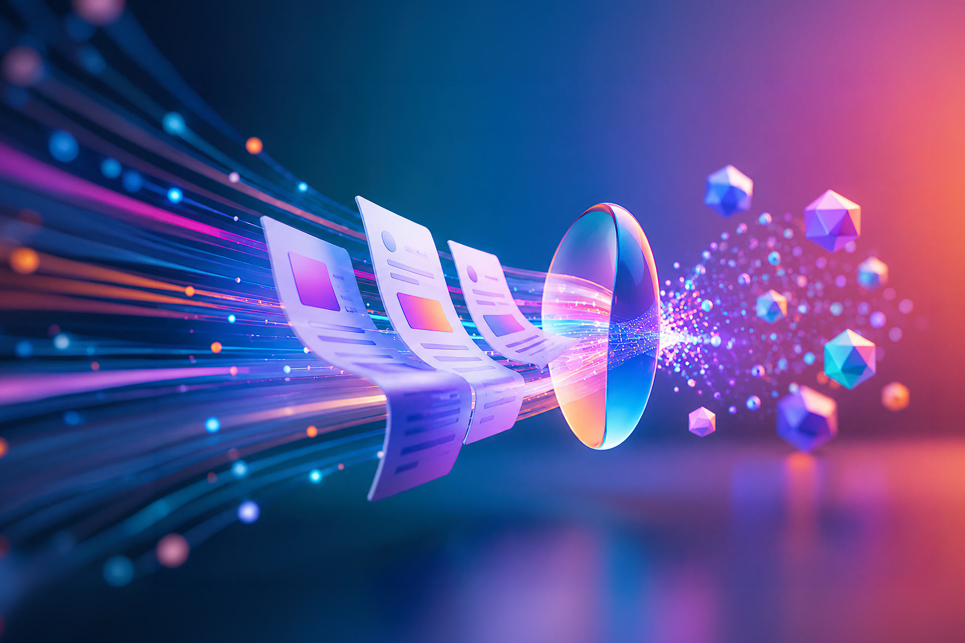 Ein CGI-Bild, das zeigt, wie Dokumente in ein abstraktes KI-Netzwerk aufgenommen werden.