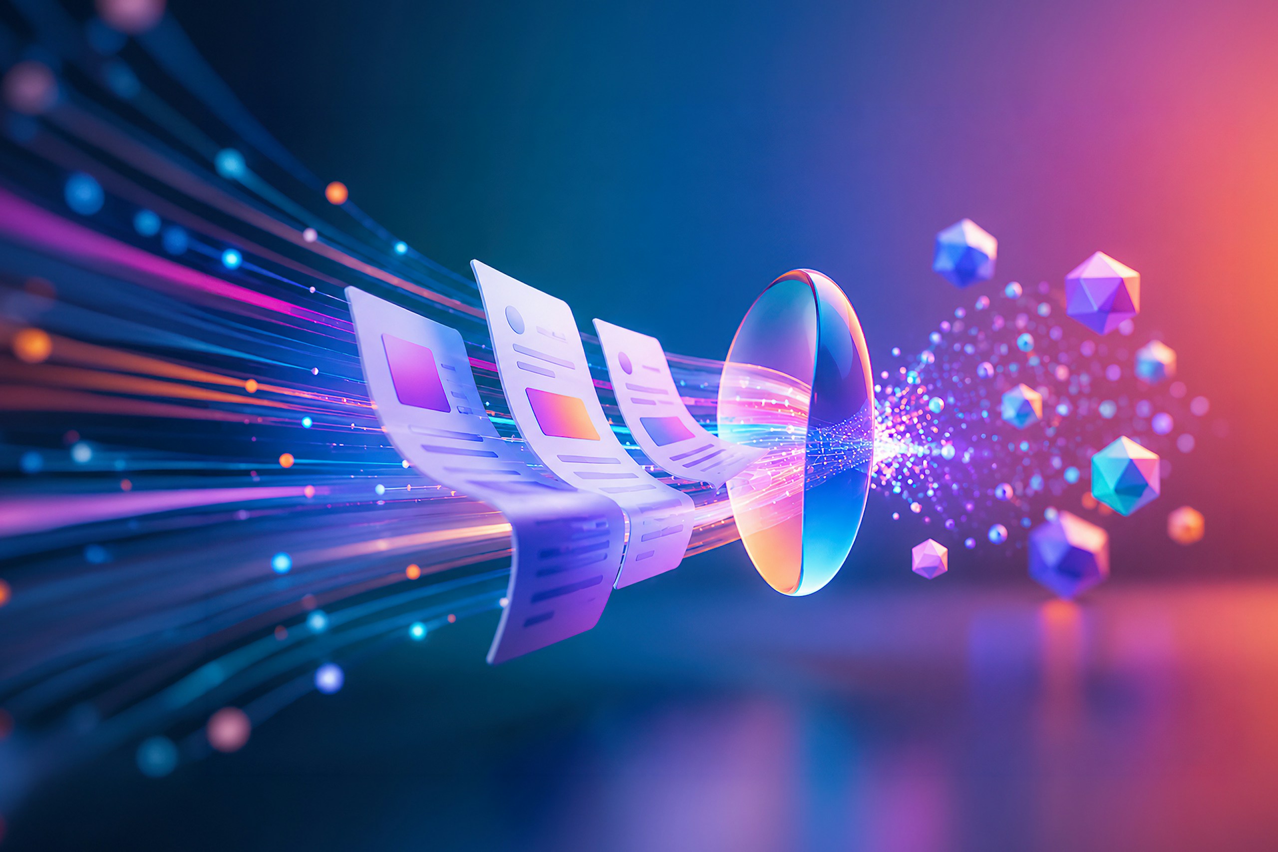Ein CGI-Bild, das zeigt, wie Dokumente in ein abstraktes KI-Netzwerk aufgenommen werden.