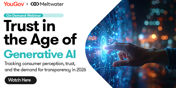 Meta image for trust in the age of gen ai webinar, on the left side there is text on the right there is someone pushing a futuristic button.