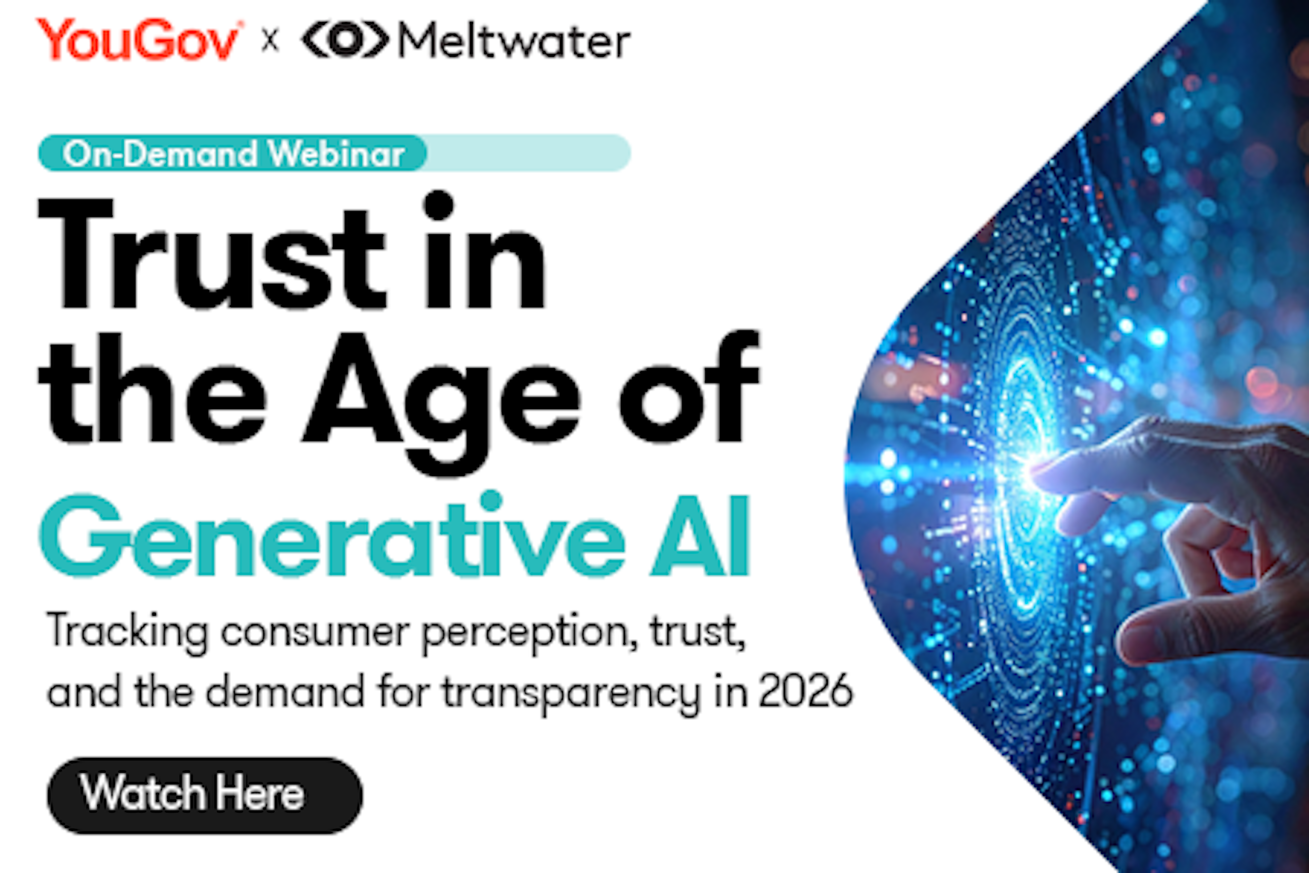 Meta image for trust in the age of gen ai webinar, on the left side there is text on the right there is someone pushing a futuristic button.