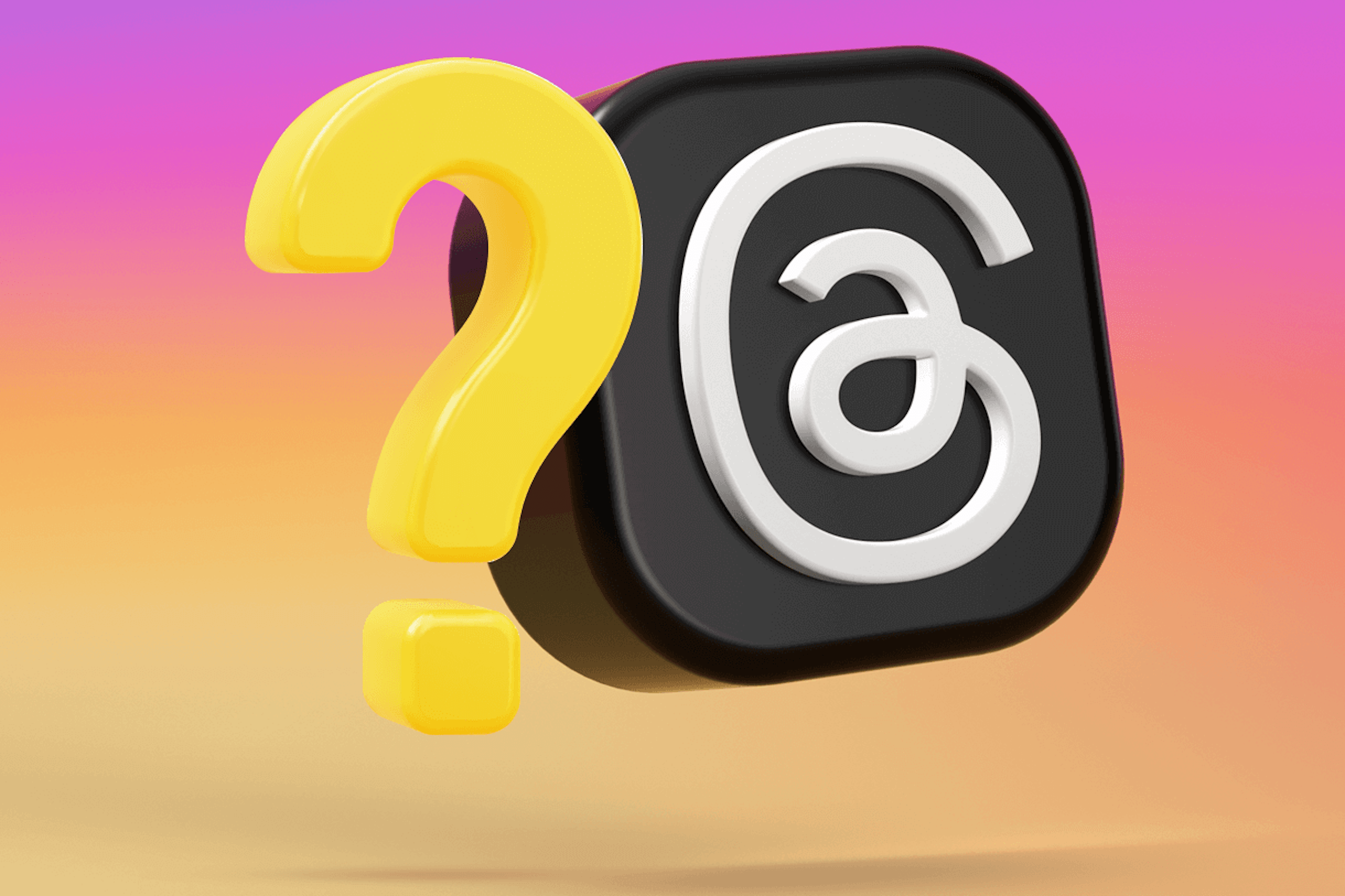 Das Bild zeigt ein großes Threads-Logo neben einem großen gelben Fragezeichen