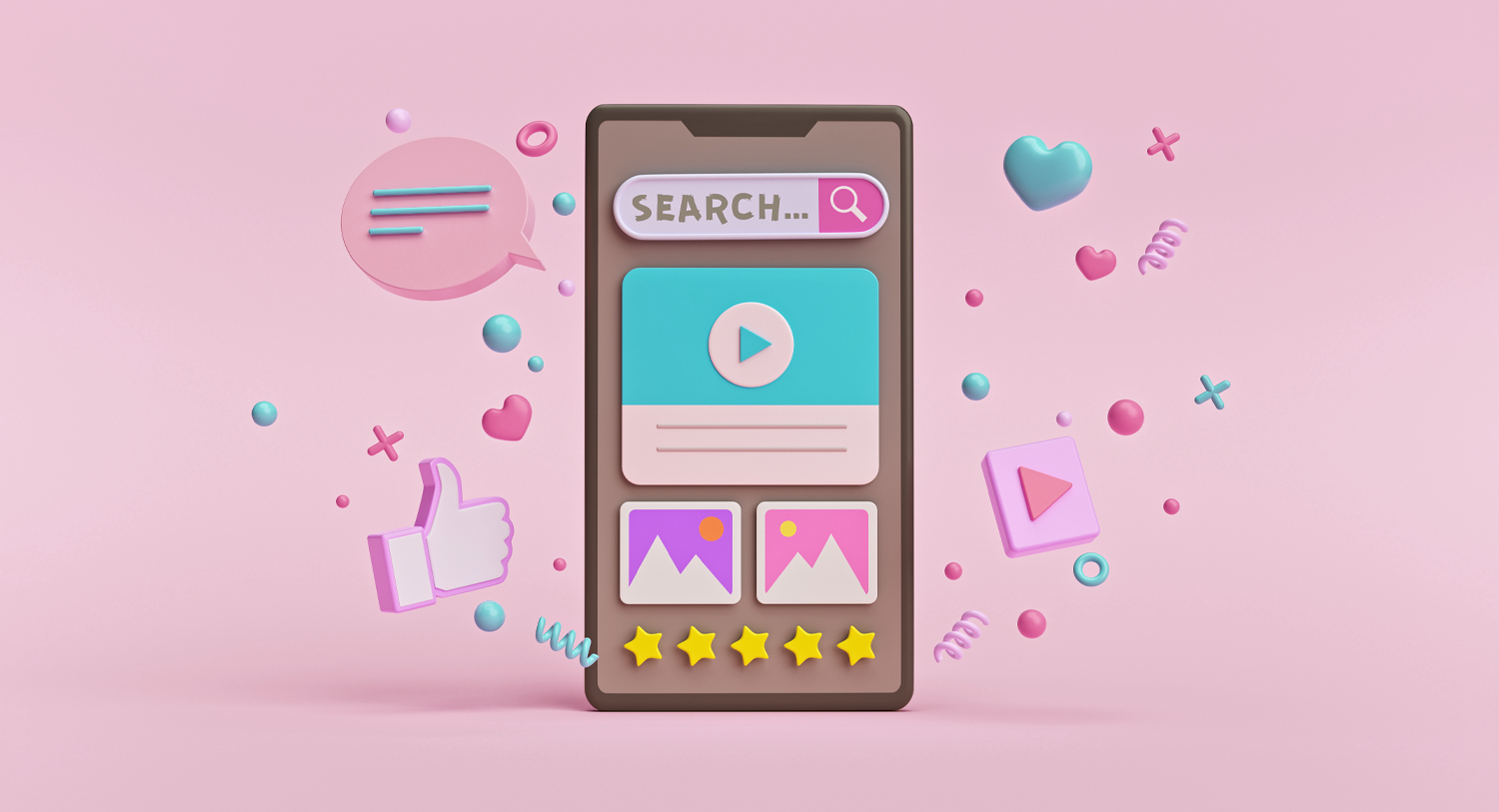 A search bar, video, and other icons appear on a smartphone screen in this image for a blog about content marketing.
