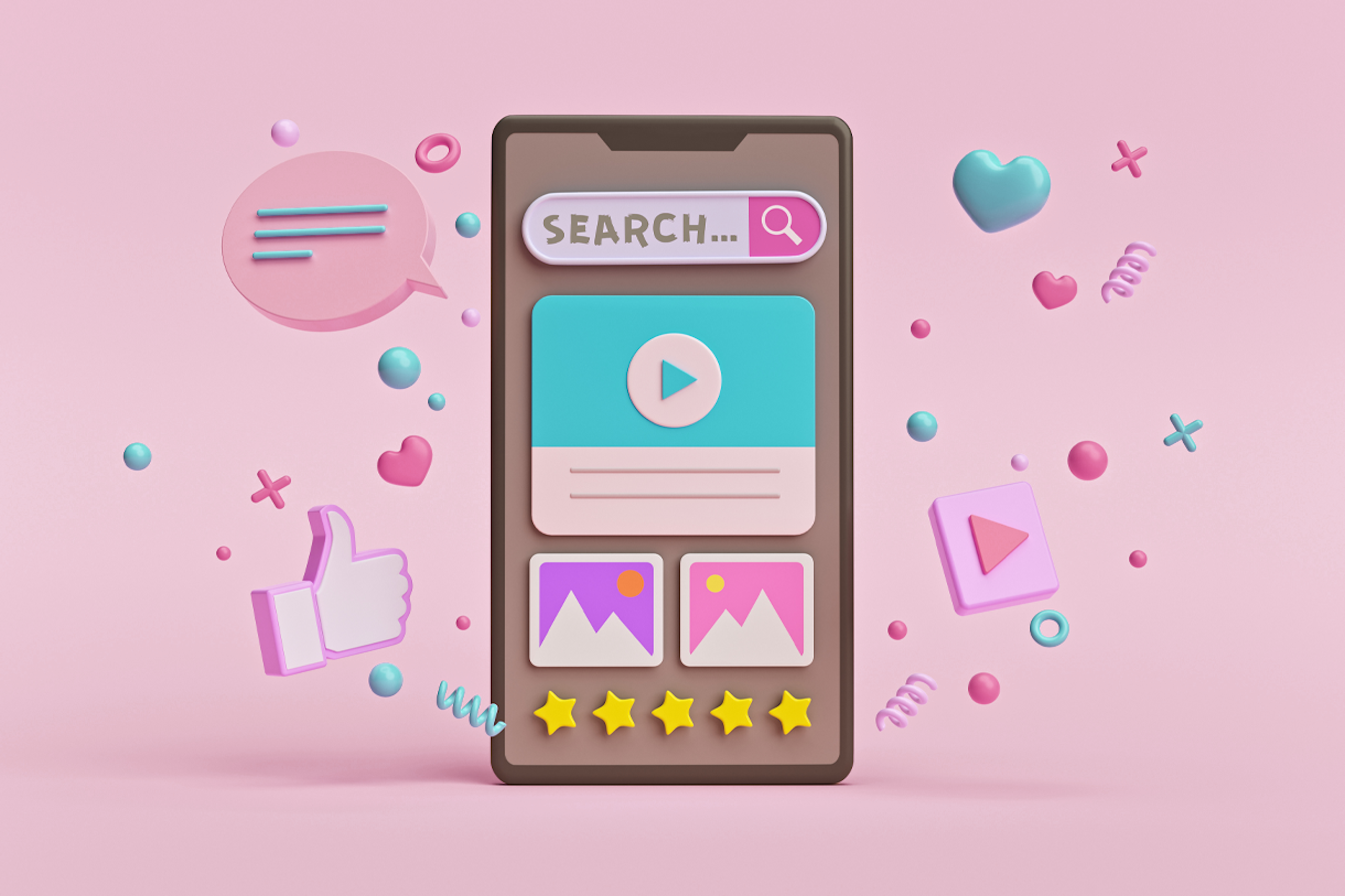 Auf dem Bild werden Symbole angezeigt, die in Verbindung mit Content Marketing stehen wie ein Video, Bewertungen usw.