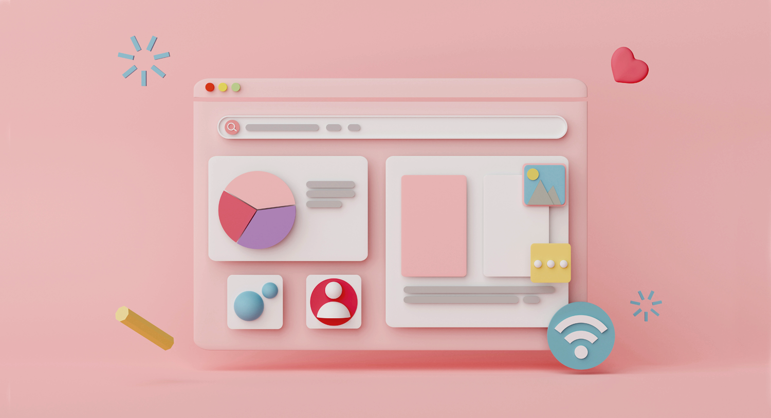 An illustrated dashboard with icons like a piechart, person, and blog on the cartoon-like chart. This stylized version of a report is an example of a piece of B2B content marketing. 