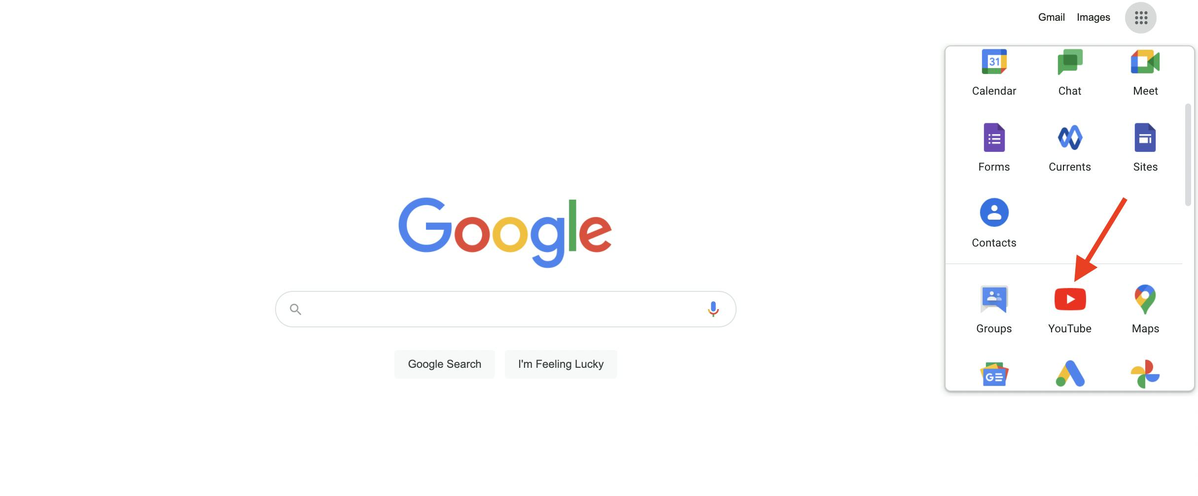 Screen with Google apps menu, red arrow pointing to YouTube icon