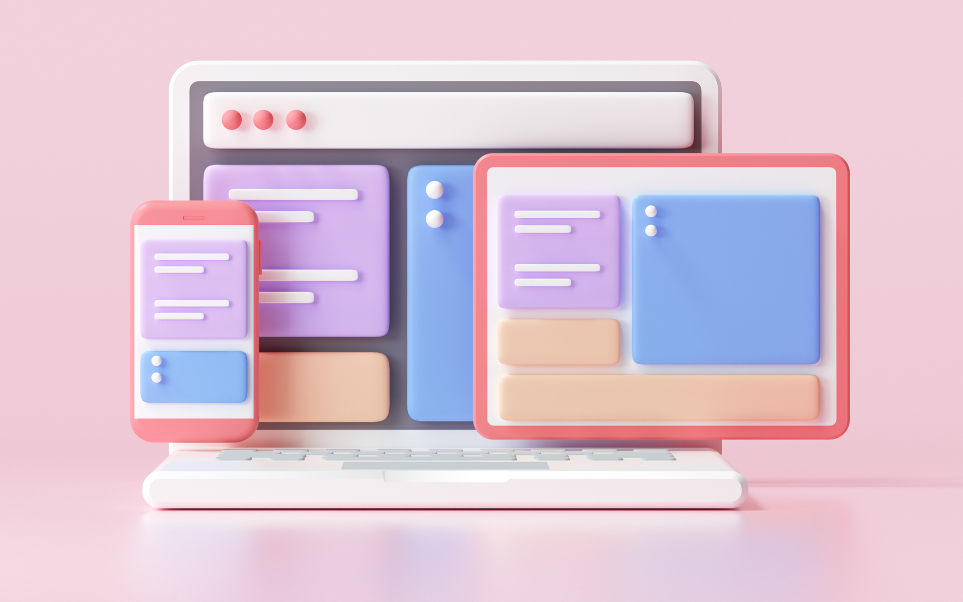 A 3D cartoon version of a computer with an iPad and a phone hovering in front of the screen. The three devices display windows with duplicative content demonstrating how to repurpose content across devices. 