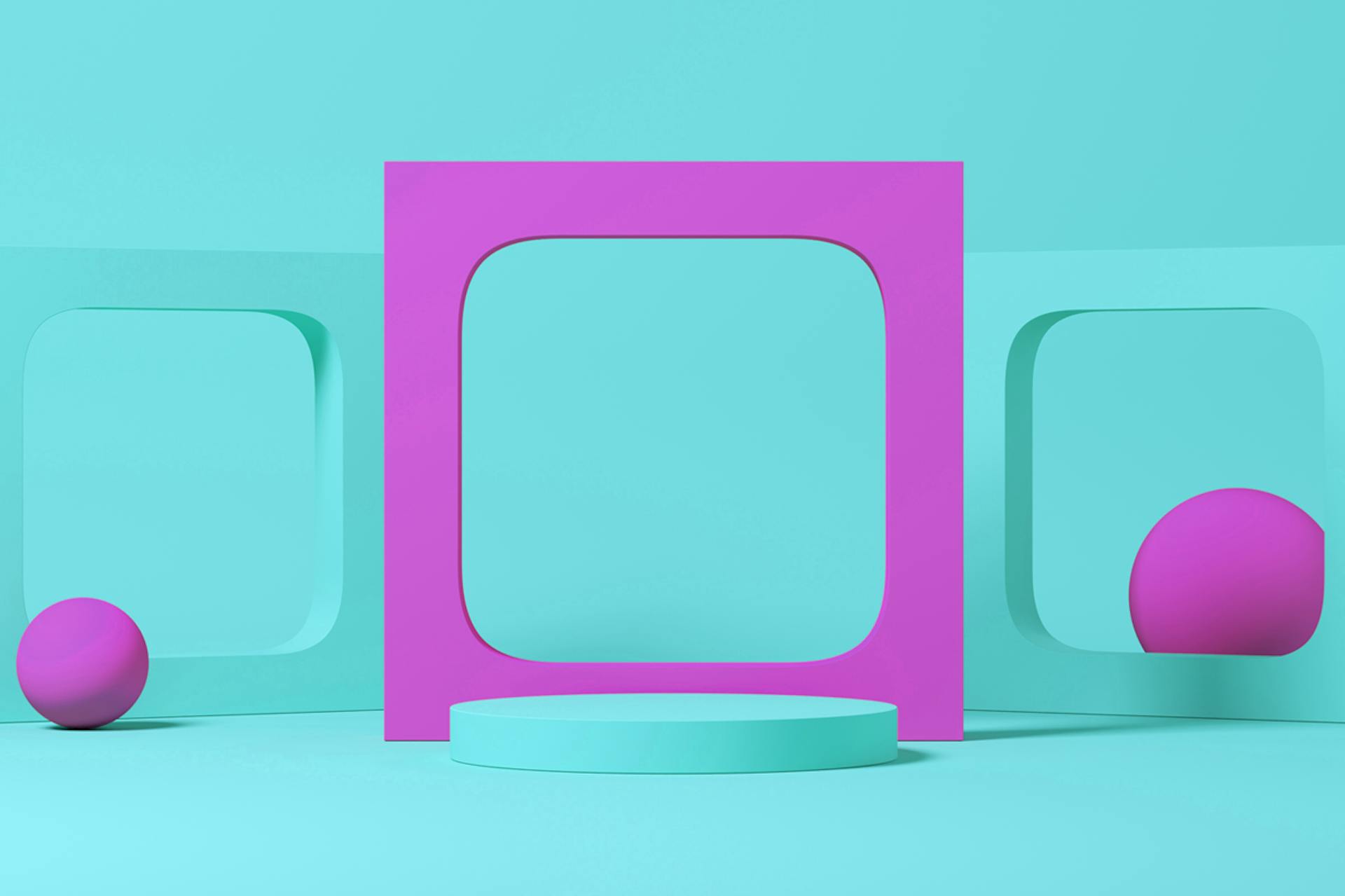 An abstract scenario with a teal podium in the center. The podium has three squares behind it. The image is being used as the Best Social Media Management Tools
