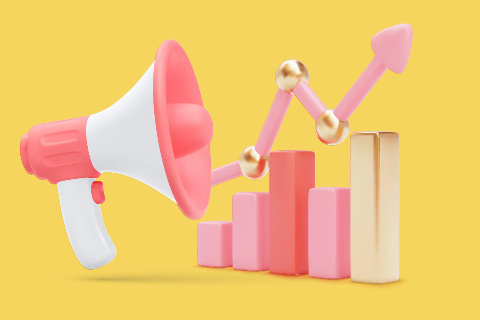 Image showing a pink and white megaphone next to a bar chart and arrow going up and to the right, on a bright yellow background. Blog post detailing the different between pr and marketing.