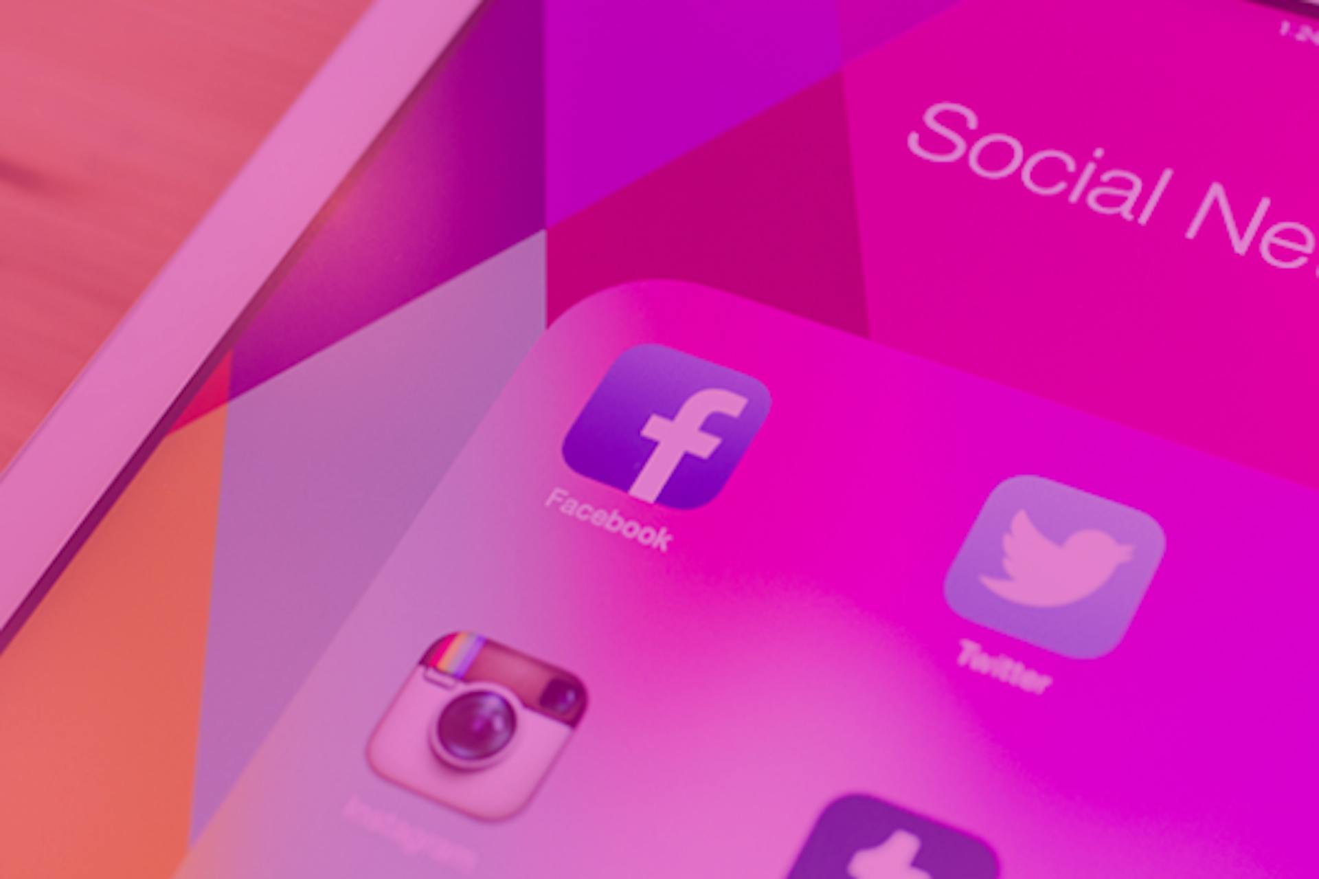Facebook, Twitter and Instagram icons on a multicoloured background.