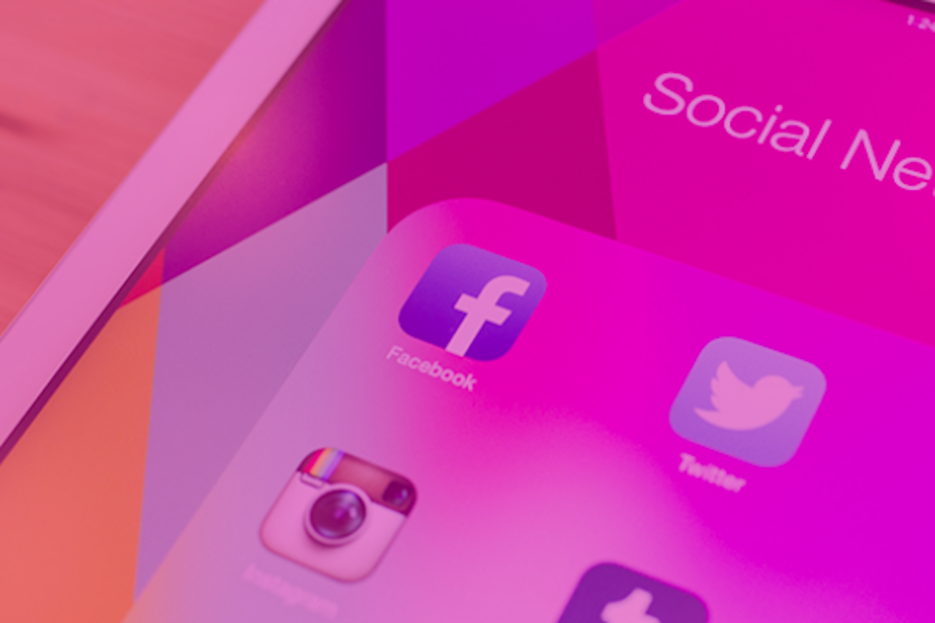 Facebook, Twitter and Instagram icons on a multicoloured background.