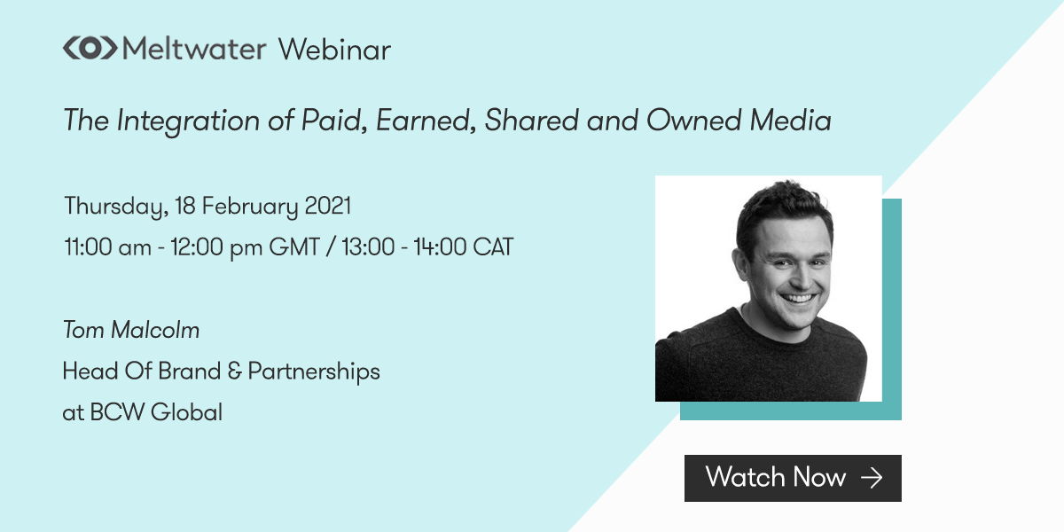 Header image with details for a webinar on how to leverage paid, earned, shared and owned media.
