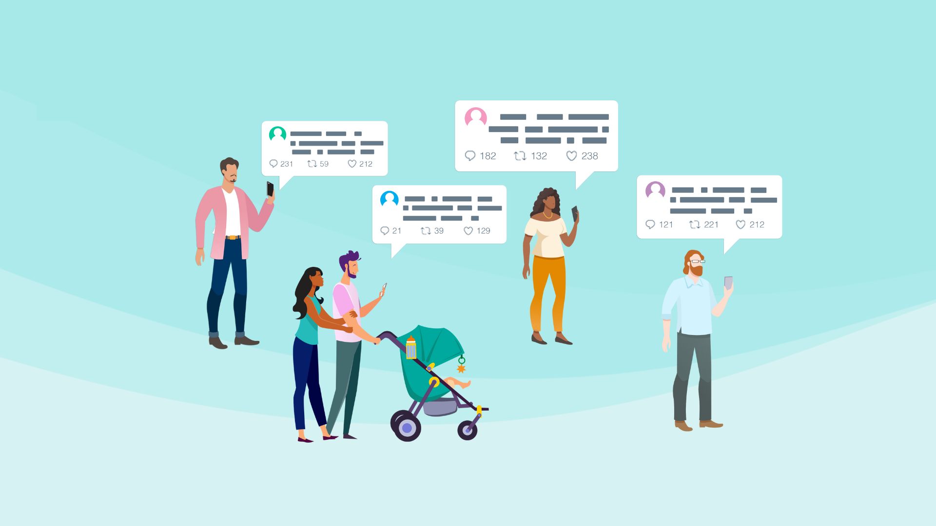 An illustration of different people from different demographics, all on their phones. There is a couple with a baby carriage, a single young man, a single young woman, and another young man with a beard.