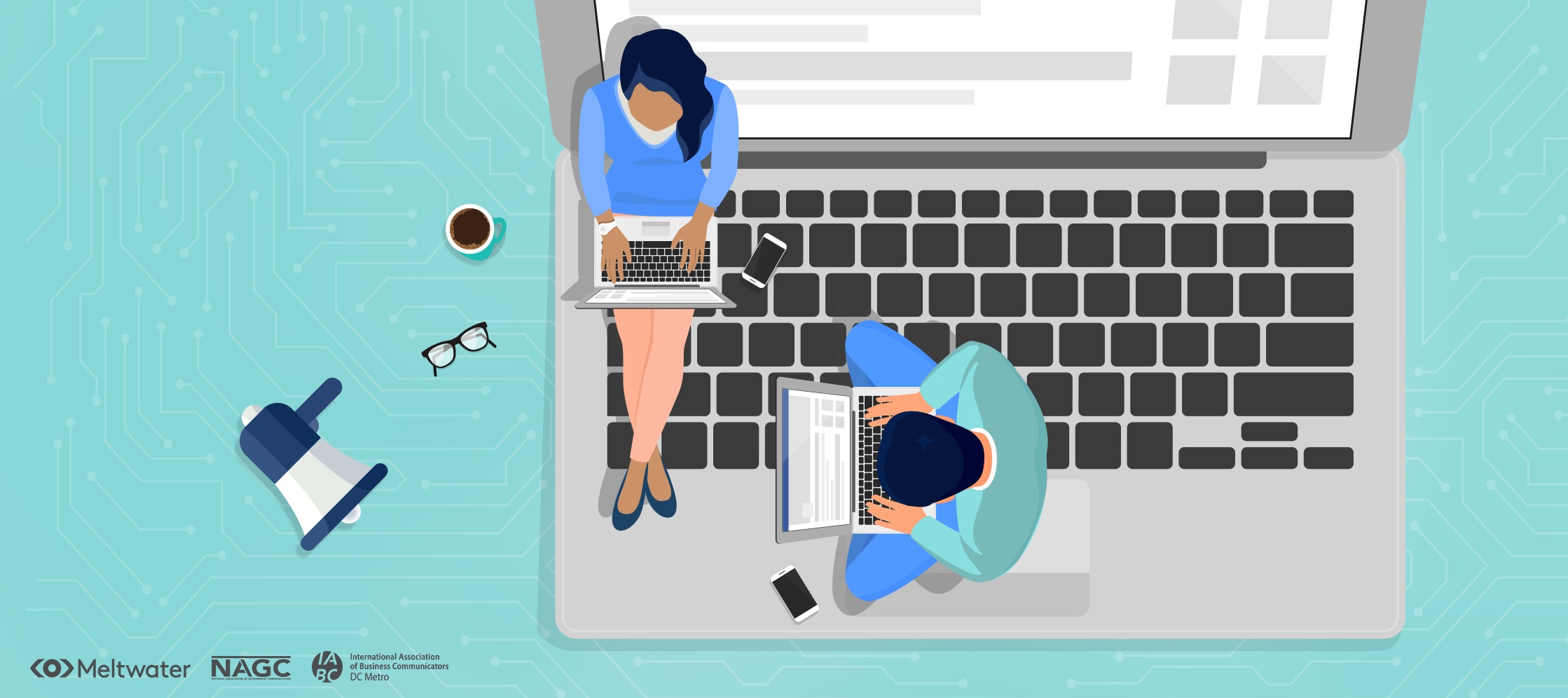 Illustration of people using laptops while sitting on a large illustrated laptop