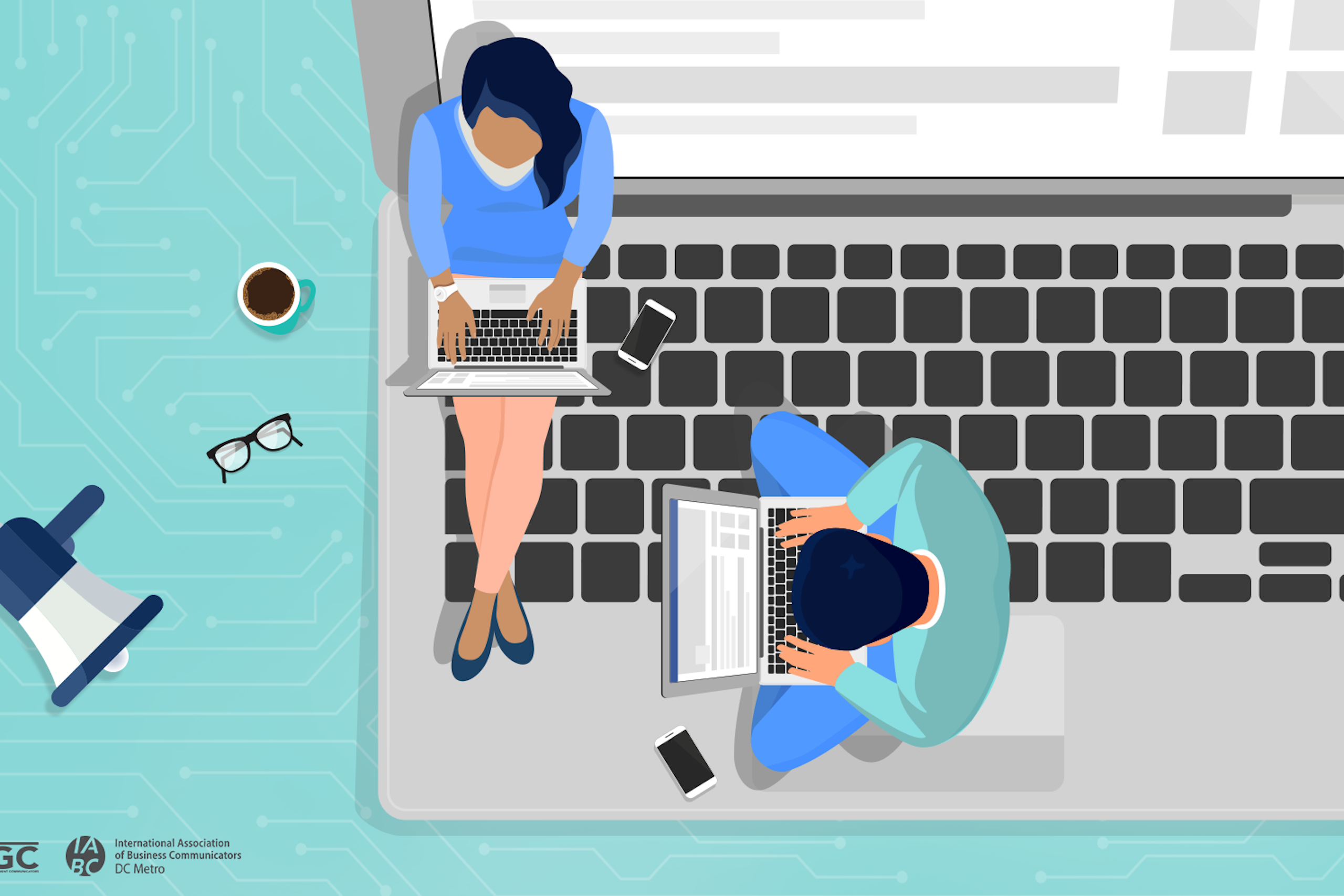 Illustration of people using laptops while sitting on a large illustrated laptop