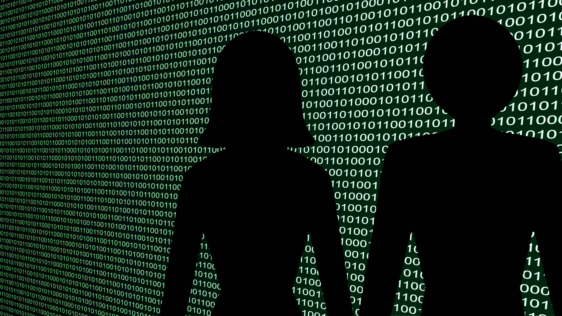 Deux ombres d'un homme et une femme sur fond de code
