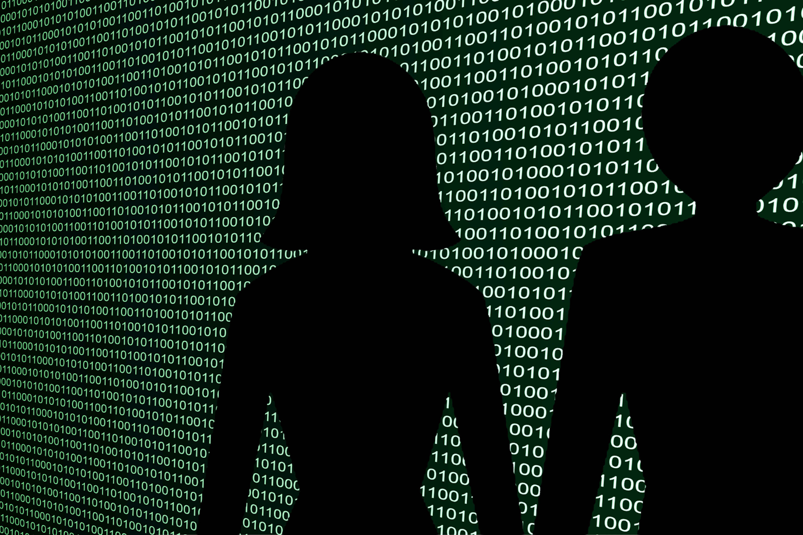 Deux ombres d'un homme et une femme sur fond de code