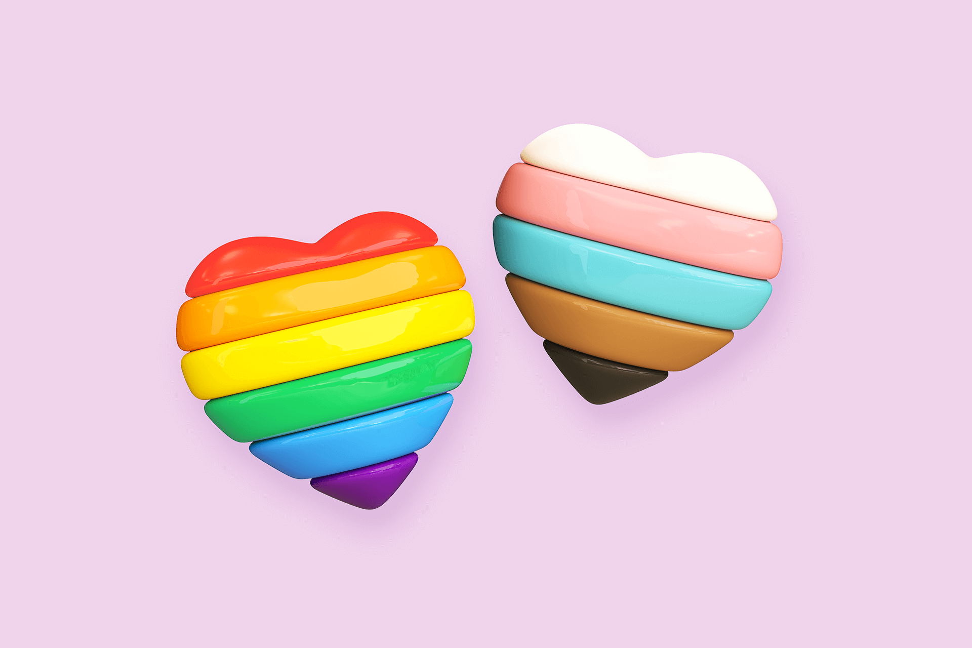 3D illustration of pride hearts with rainbow colors