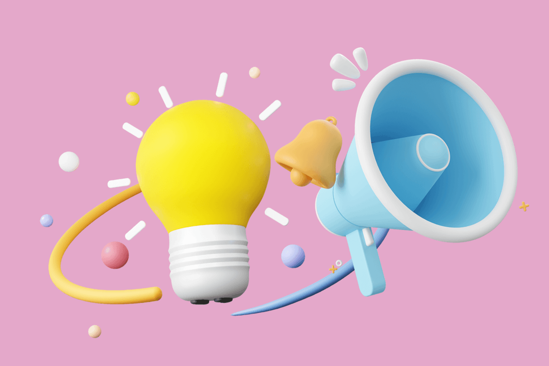 Large yellow light bulb next to a large blue megaphone on a dark pink background. How to create a PR Strategy blog post