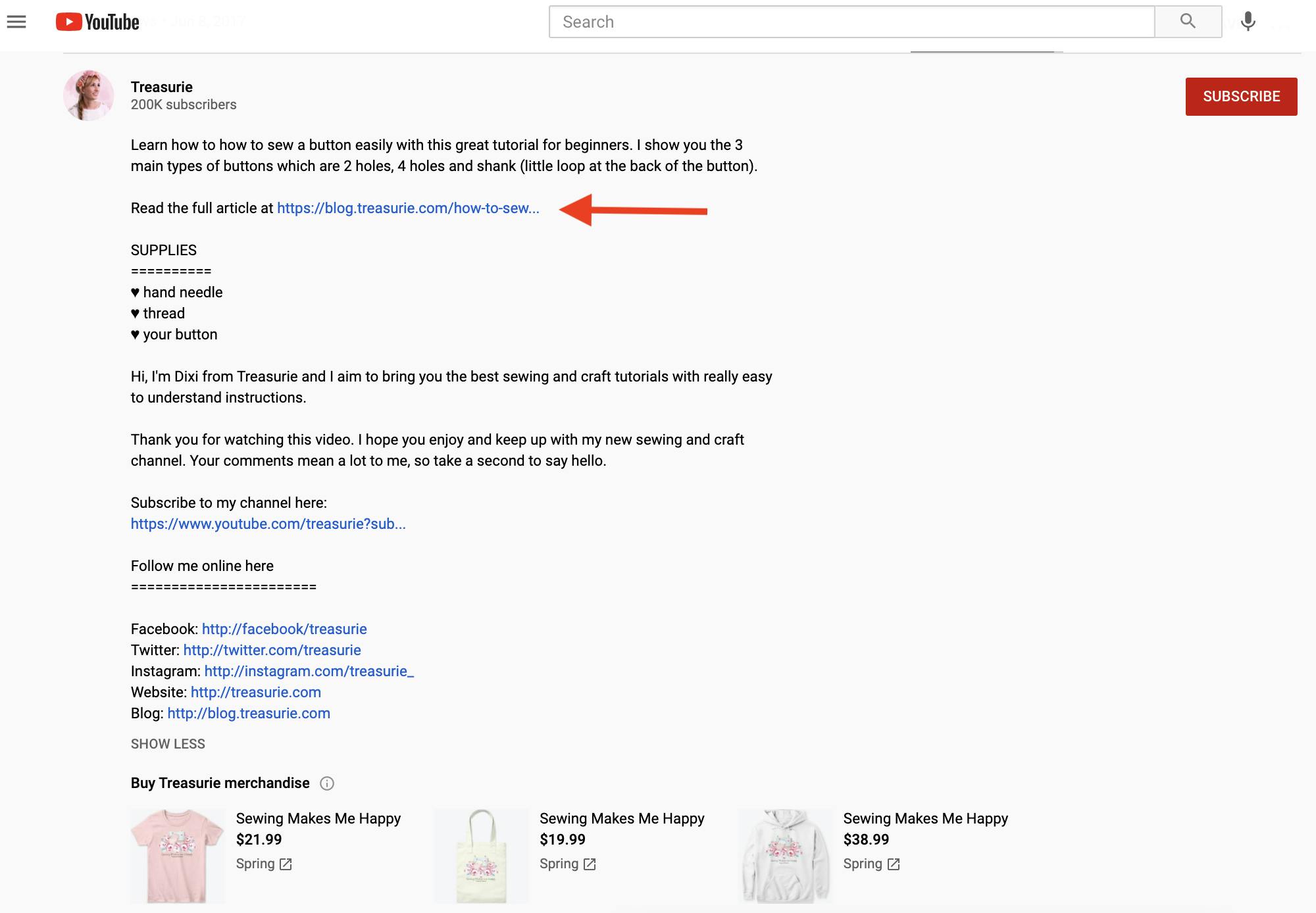 Good example of a lengthy YouTube video description including link back to website and multiple social handles.